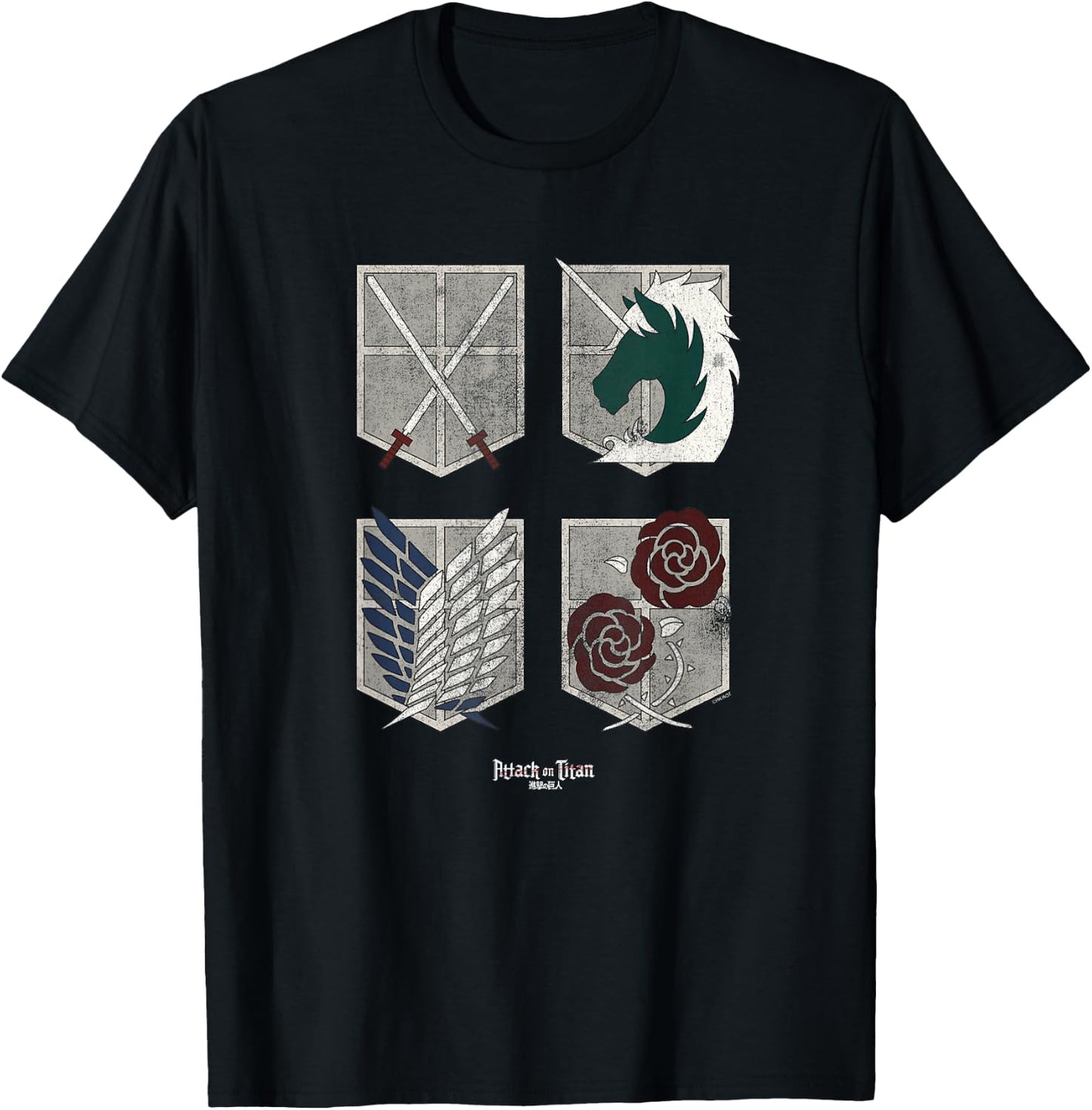 Attack on Titan Four Shields Trainee Military Corps Garrison T-Shirt - T-Shirt | Black