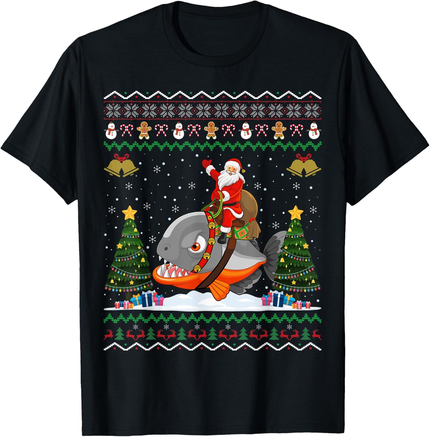 Piranha Ugly Xmas Gift Santa Riding Piranha Christmas T-Shirt - T-Shirt | Black
