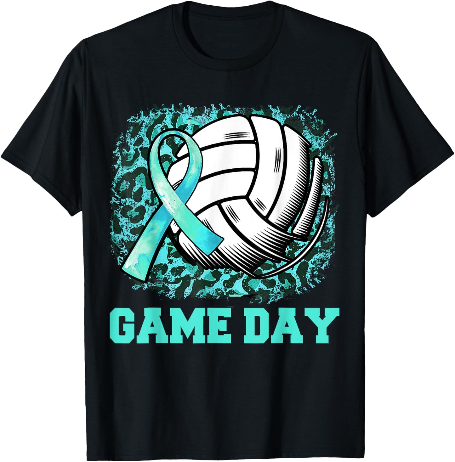 Game Day Cervical Cancer Awareness Ribbon Teal Volleyball T-Shirt - T-Shirt | Black