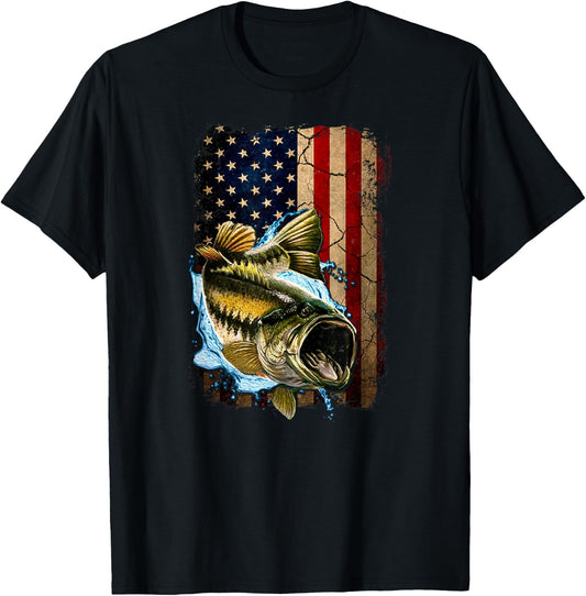 American Flag Bass Fishing For Fisherman Fish Fishing T-Shirt - T-Shirt | Black