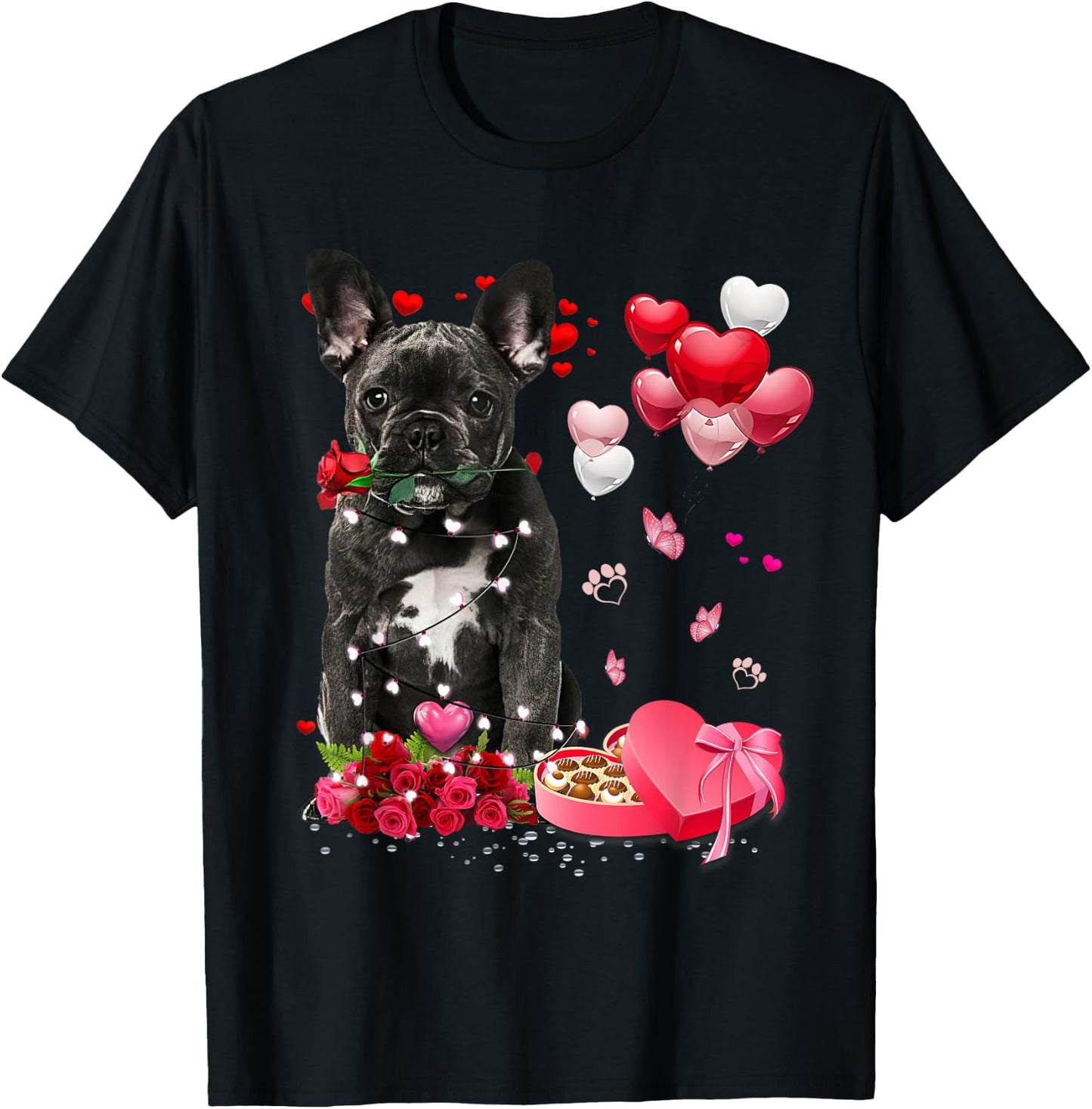 Funny French Bulldog Rose Heart Happy Valentine Day Dog Mom T-Shirt - T-Shirt | Black