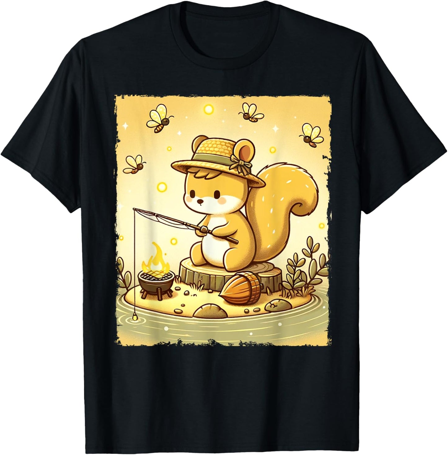 Fishing Squirrel Camping Starry Night Kids T-Shirt - T-Shirt | Black
