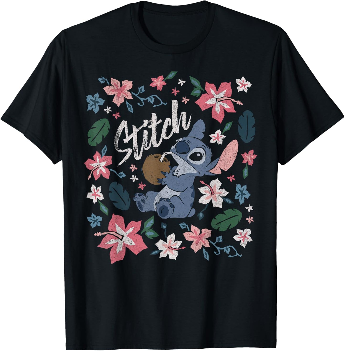 Disney Lilo & Stitch Floral Stitch Coconut Portrait Short Sleeve T-Shirt - T-Shirt | Black