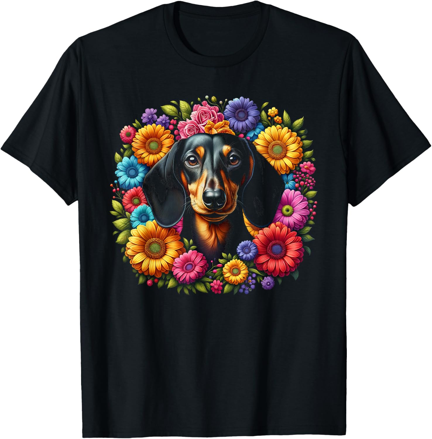 Cute Dachshund with Colourful Flowers T-Shirt - T-Shirt | Black