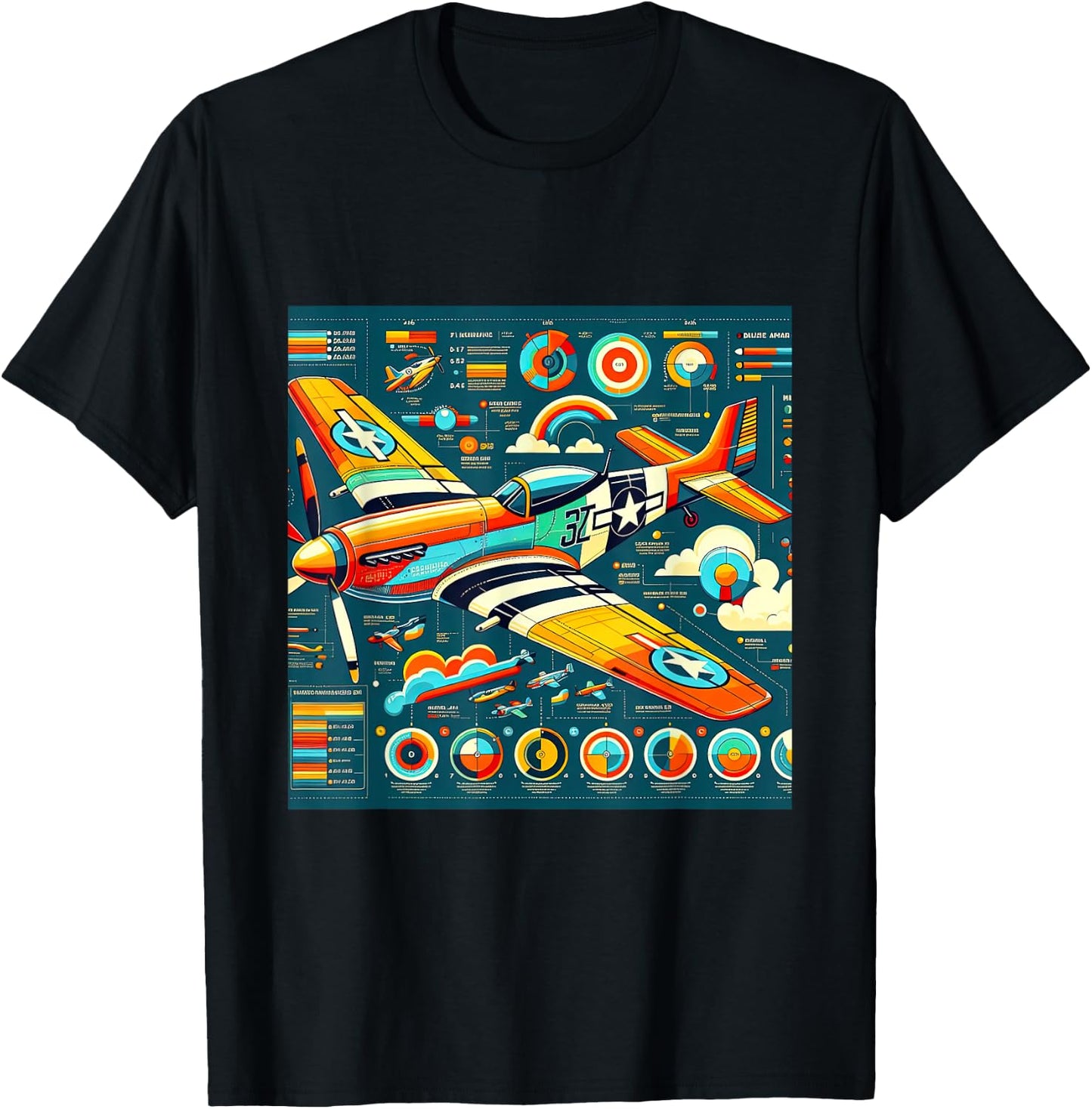 P51 Mustang WW2 Warplane Airplane Infographics T-Shirt - T-Shirt | Black