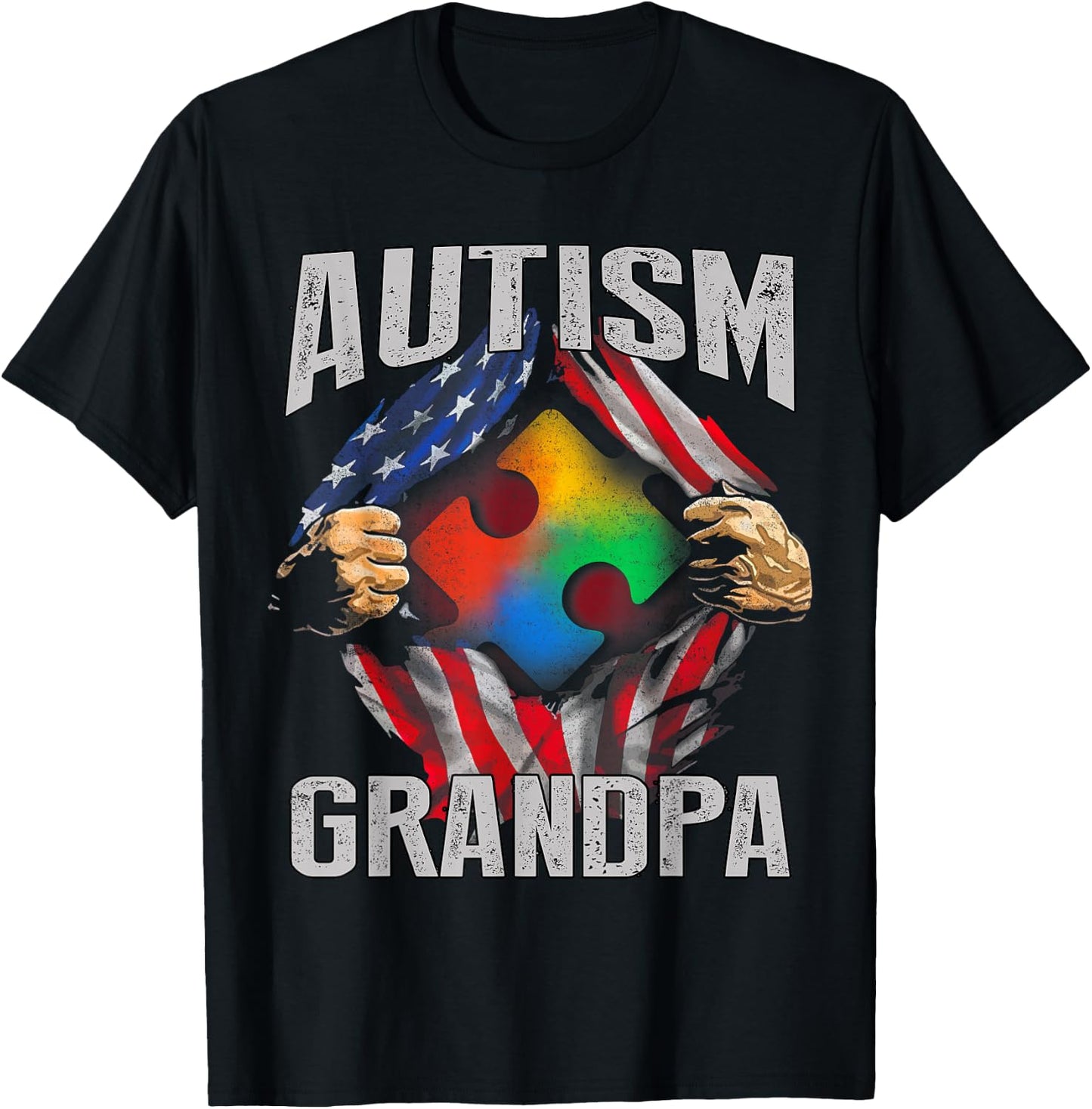 Autism Grandpa American Flag Autism Awareness T-Shirt - T-Shirt | Black