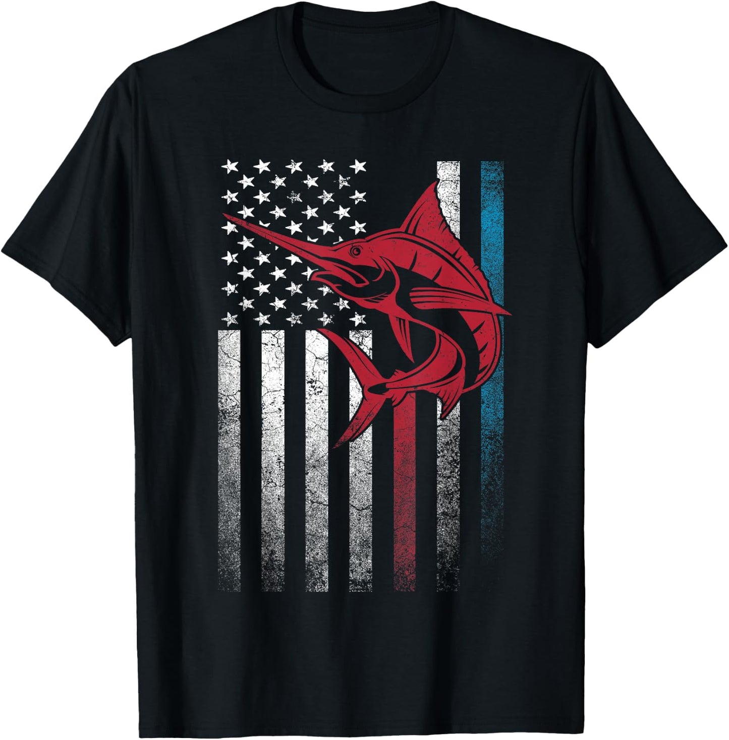 Fishing Marlin Swordfish Fish 4th of July American Flag USA Women Kids Men T-Shirt - T-Shirt | Black