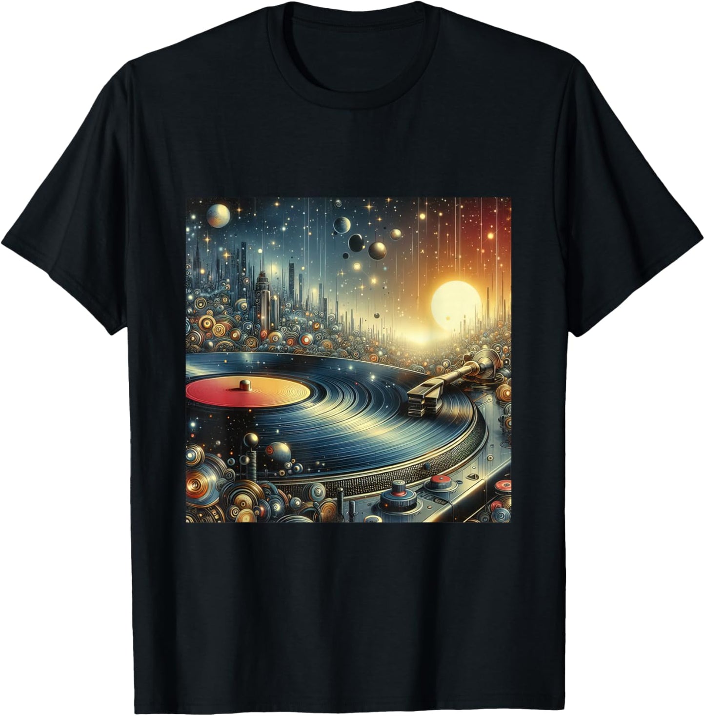Futuristic Space City Vinyl Record Player Sci-Fi Cityscape T-Shirt - T-Shirt | Black
