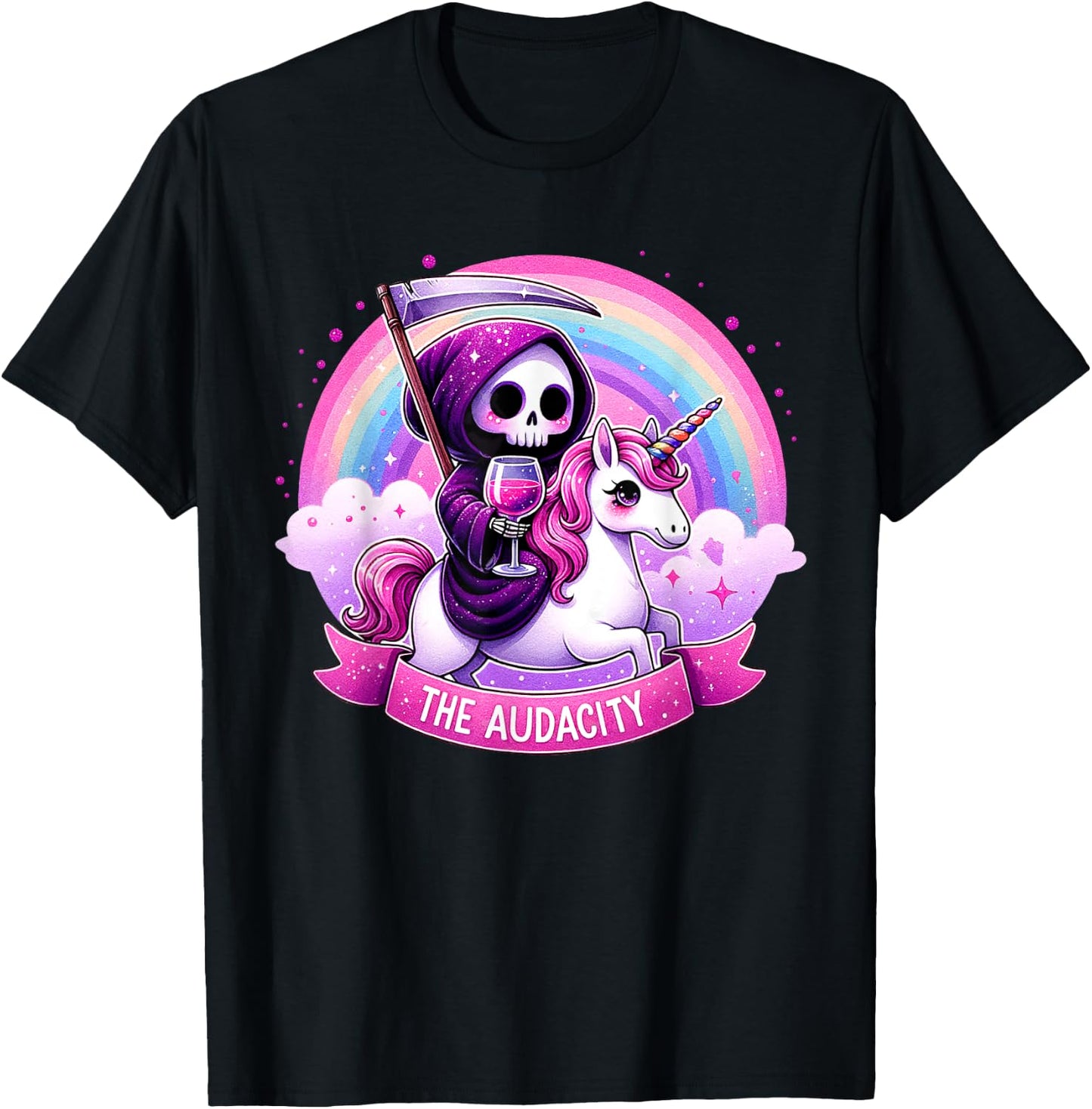 The Audacity Skeleton Riding Unicorn Rainbow Halloween Women T-Shirt - T-Shirt | Black