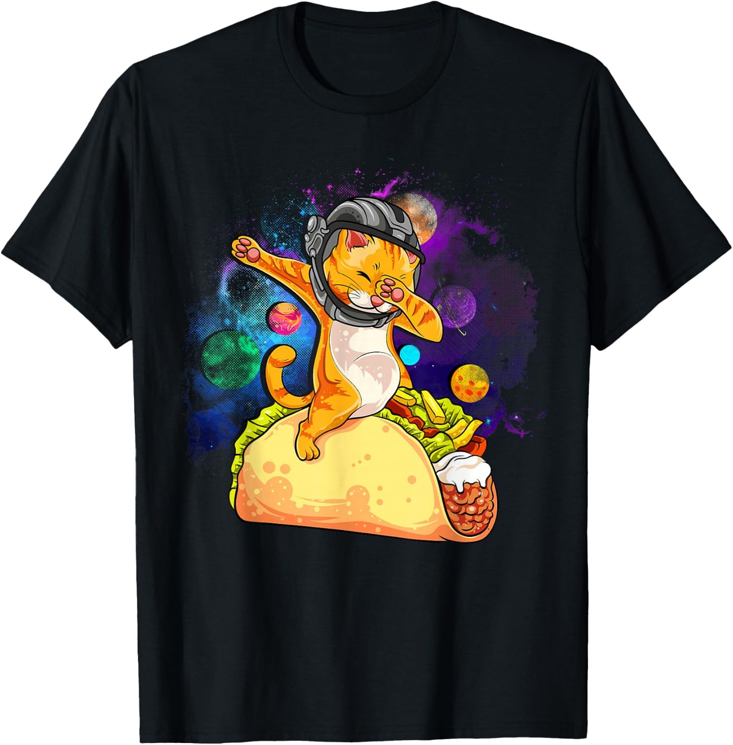 Funny Dabbing Cat Astronaut In Space Riding Taco T-Shirt - T-Shirt | Black