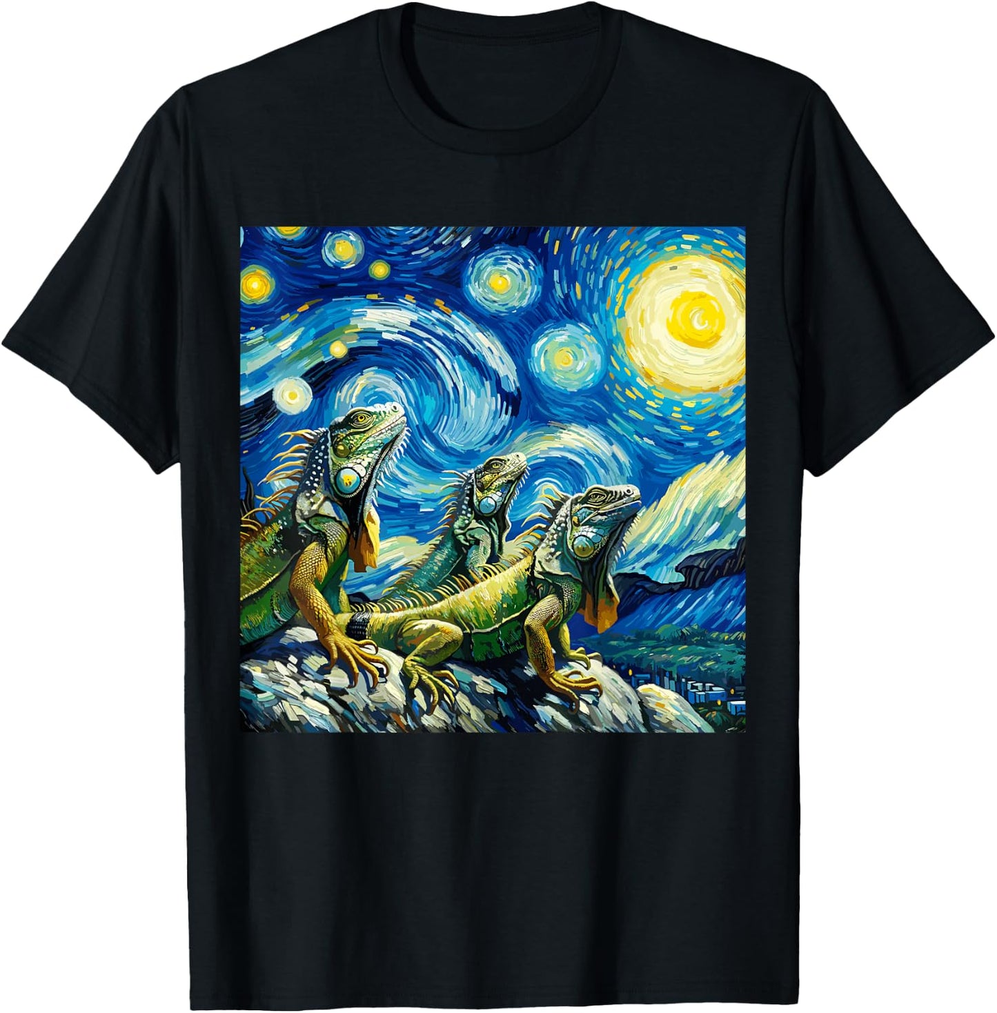 Iguana Motif Lizard Three Lizards Moon Howling Starry Night T-Shirt - T-Shirt | Black