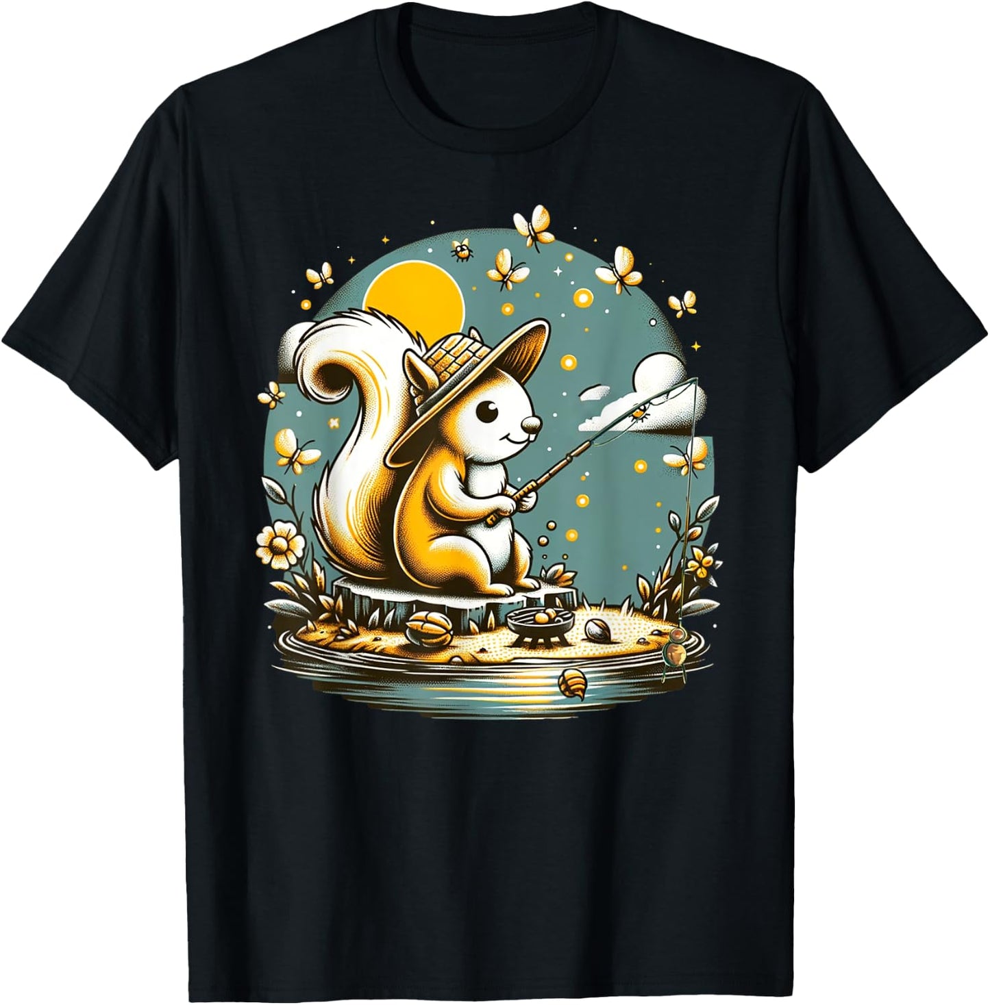 Fishing Squirrel Camping Starry Night Kids T-Shirt - T-Shirt | Black
