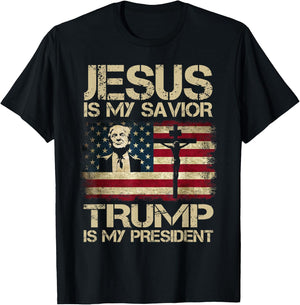 Jesus is My Savior Trump is My President Trump 2024 USA Flag T-Shirt - T-Shirt | Black