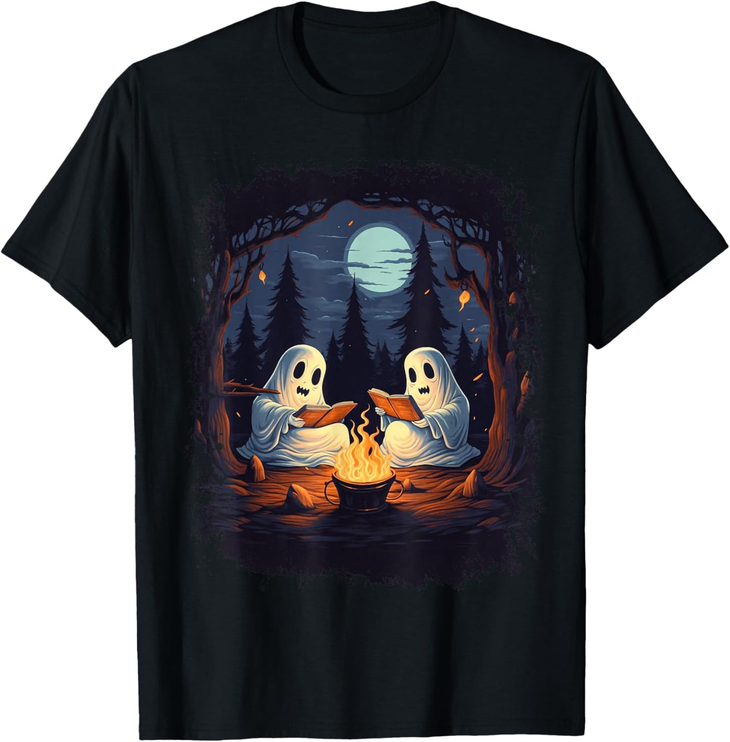 Retro Ghost Reading Books Camping Campfire Gothic Halloween T-Shirt - T-Shirt | Black