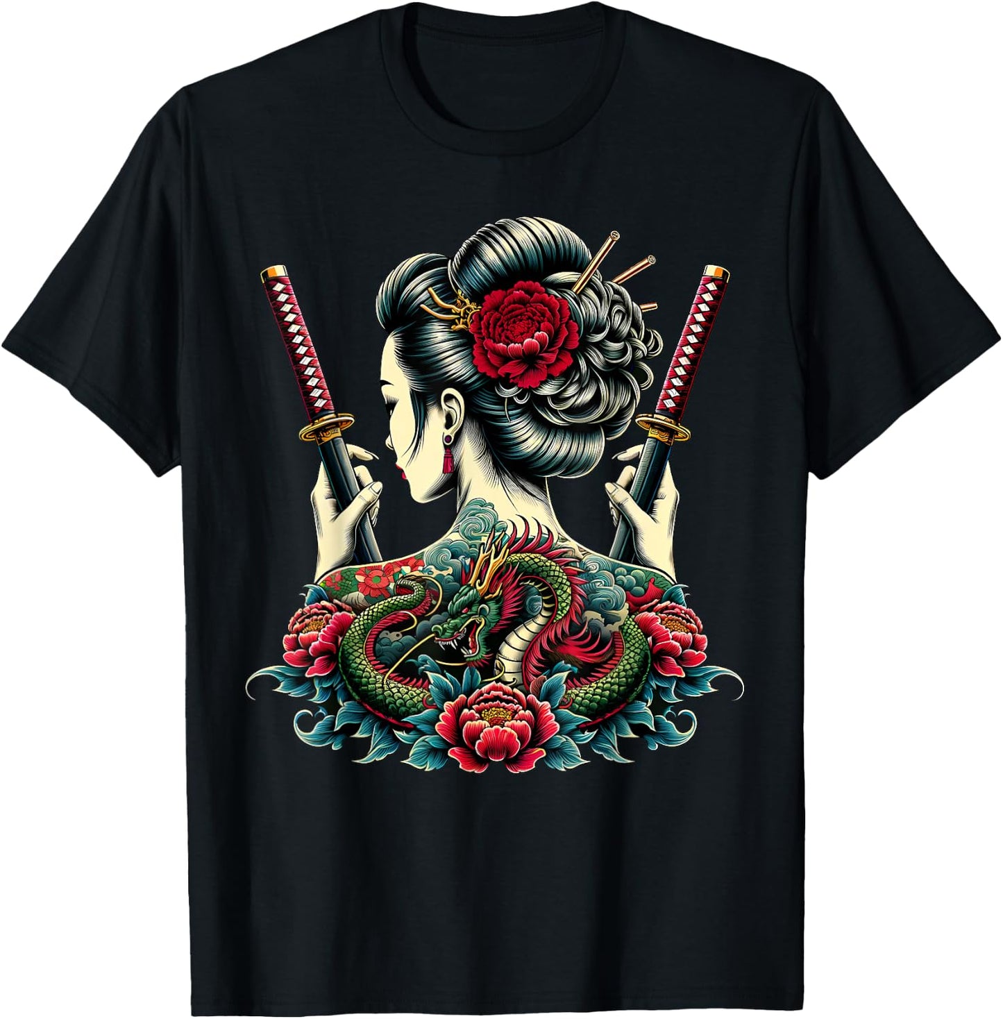 Geisha Warrior, Katana Sword with Peony flower Dragon Tattoo T-Shirt - T-Shirt | Black