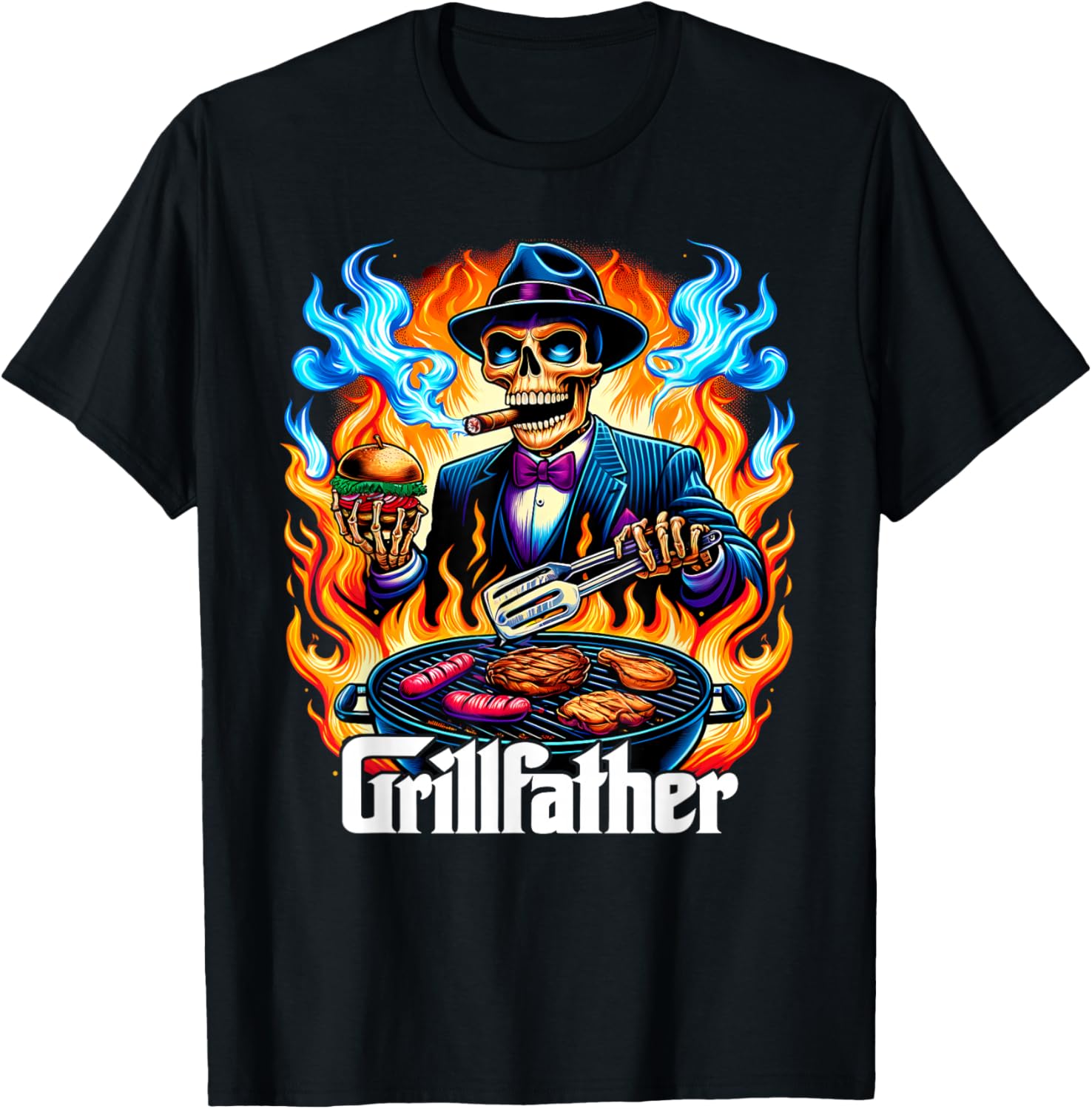 The Grillfather BBQ Grill & Smoker Barbecue Chef Skeleton T-Shirt - T-Shirt | Black