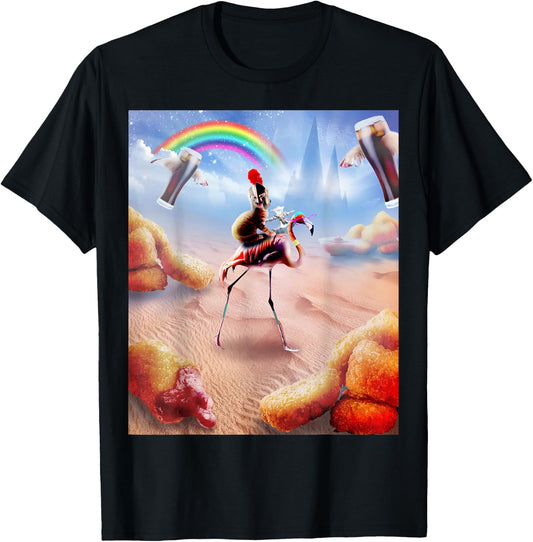 Cat Riding Flamingo With Chicken Nuggets And Cola T-Shirt - T-Shirt | Black
