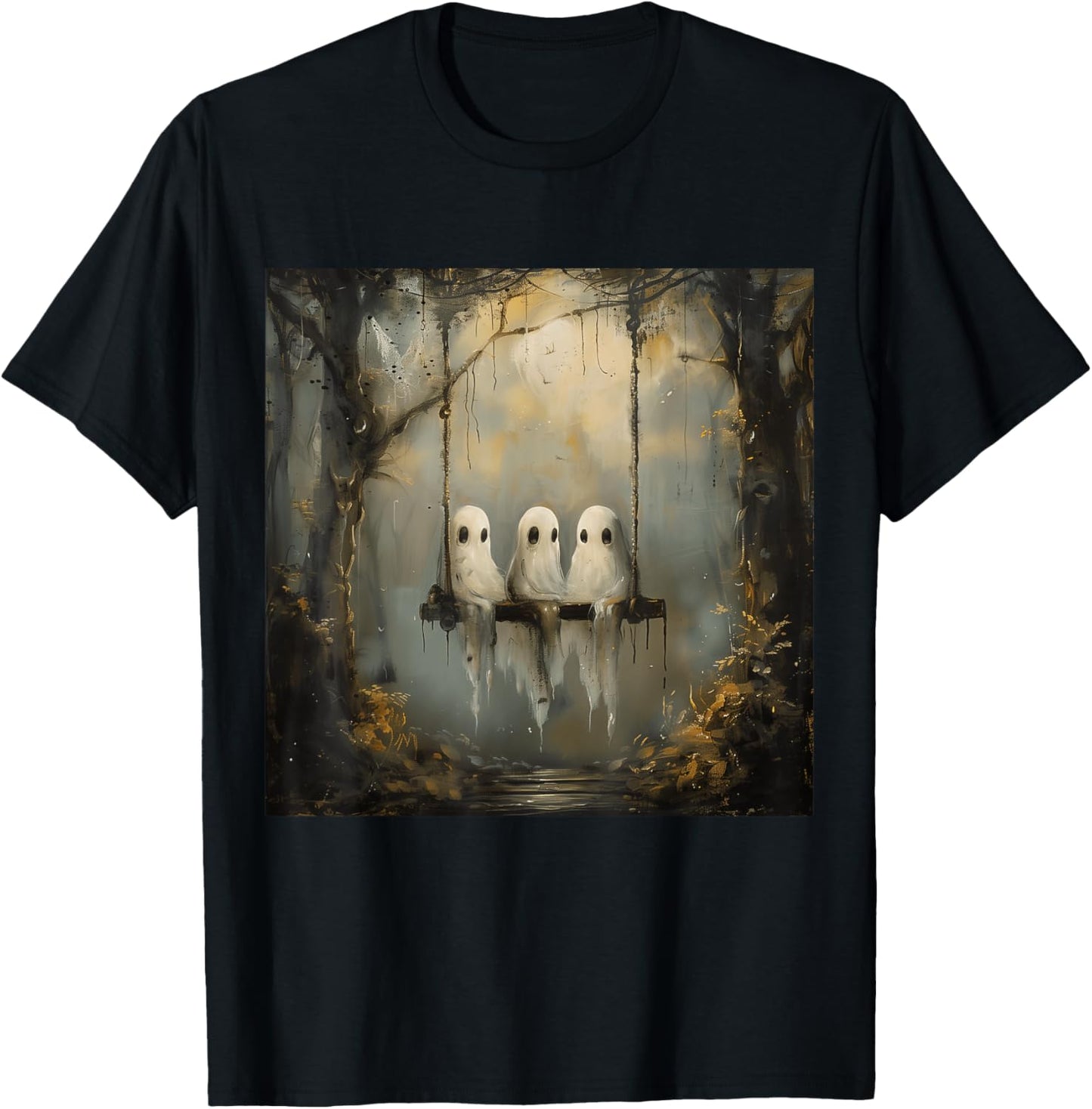 Vintage Floral Ghost On The Swing In Forest Halloween Gothic T-Shirt - T-Shirt | Black