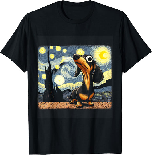 Funny Dachshunds Sausage Dogs in a Starry Night T-Shirt - T-Shirt | Black