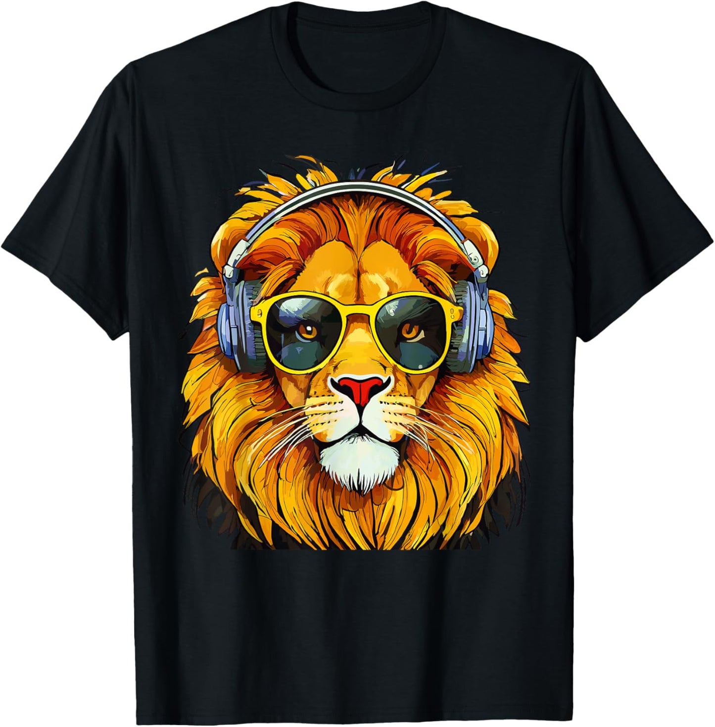 Artistic Lion with Sunglasses and Headphones Lions T-Shirt - T-Shirt | Black