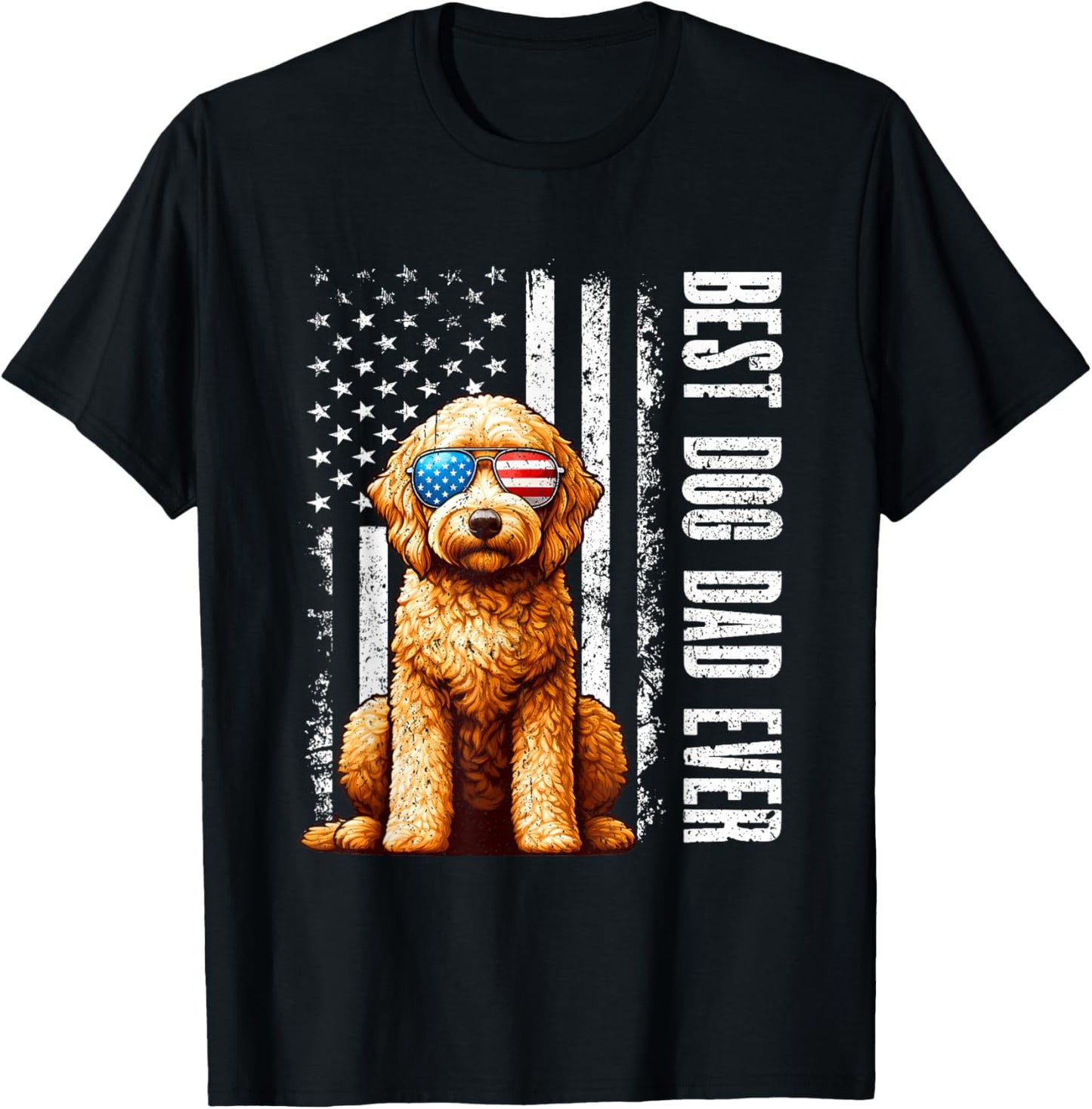 Vintage Best Dog Dad Ever Goldendoodle Dog American Flag T-Shirt - T-Shirt | Black