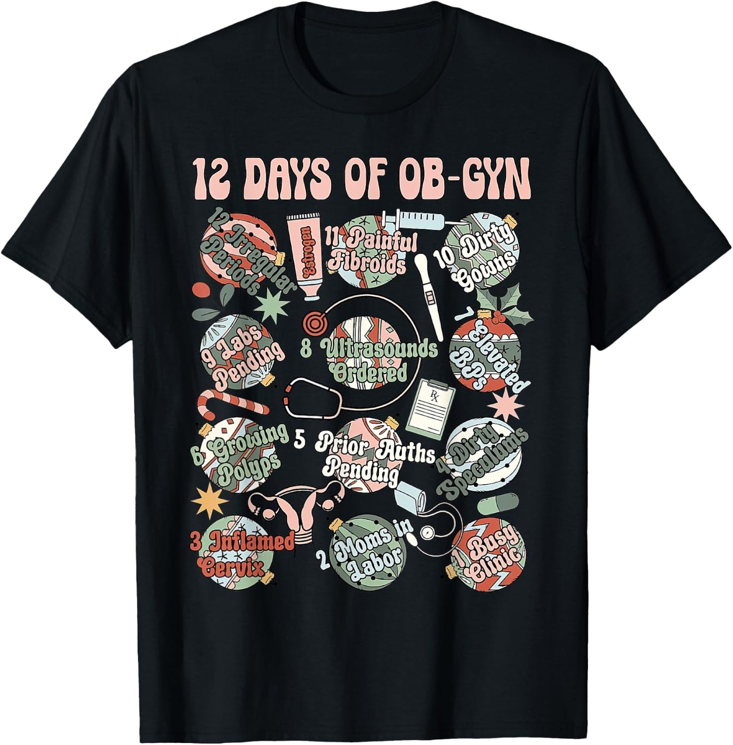 12 Day Of OB-GYN Labor And Delivery OB Nurse Christmas T-Shirt - T-Shirt | Black