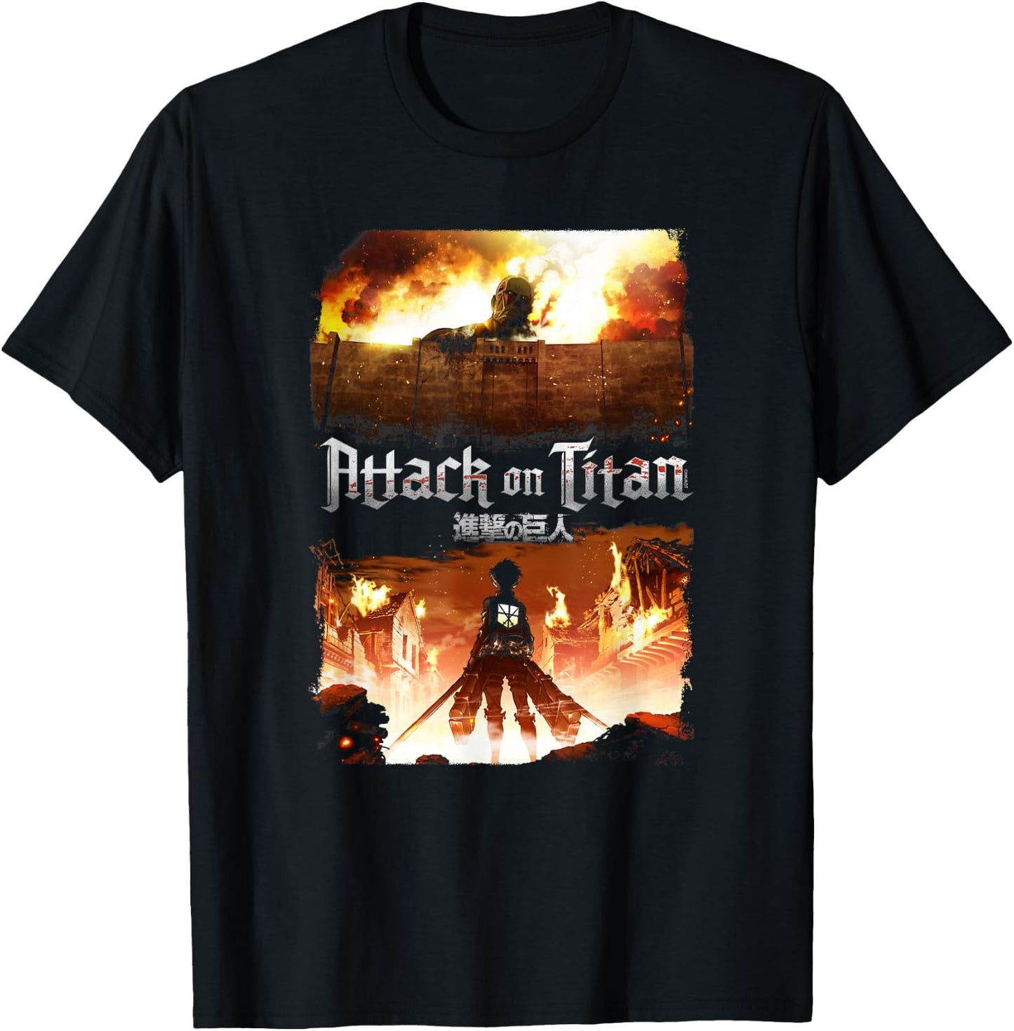 Attack on Titan Key Art Flaming Attack Scene AOT Anime T-Shirt - T-Shirt | Black