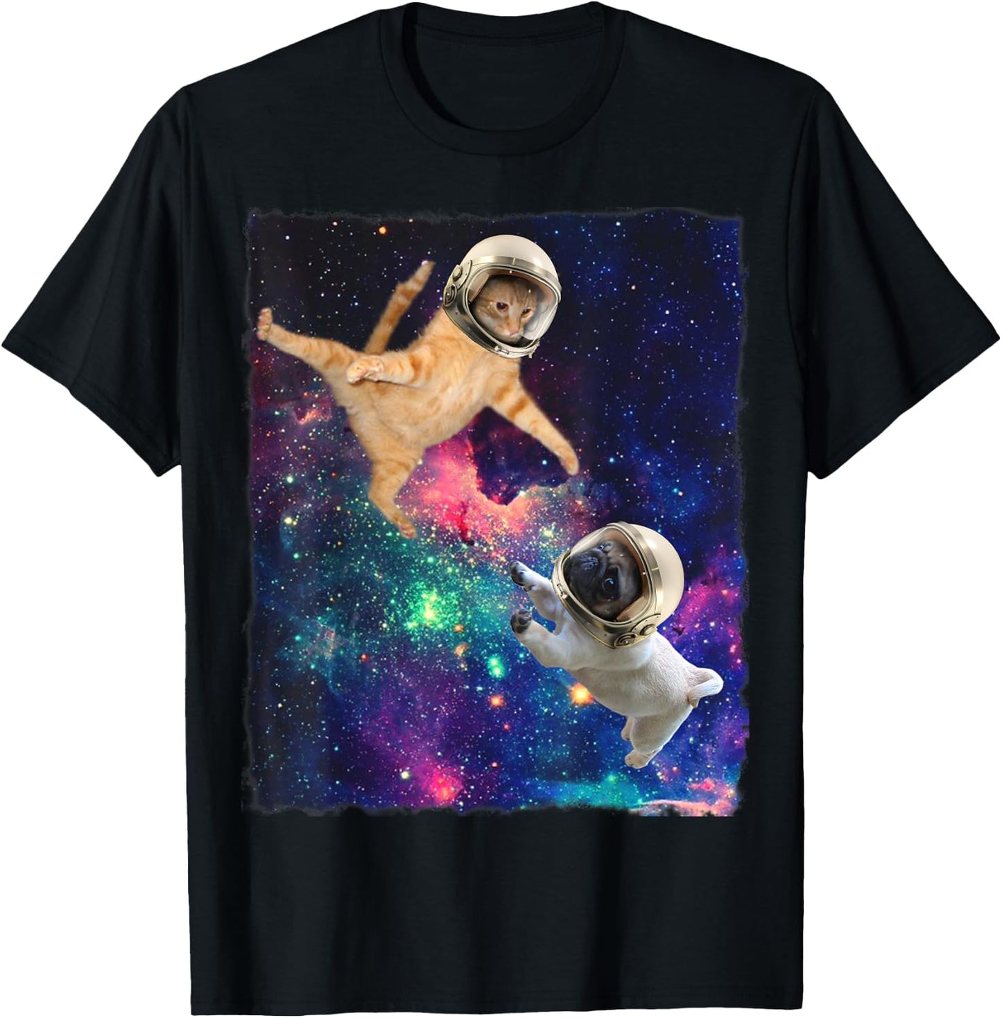 Cute Space Cat vs Pug Galaxy Epic Fight In Outer Space T-Shirt - T-Shirt | Black