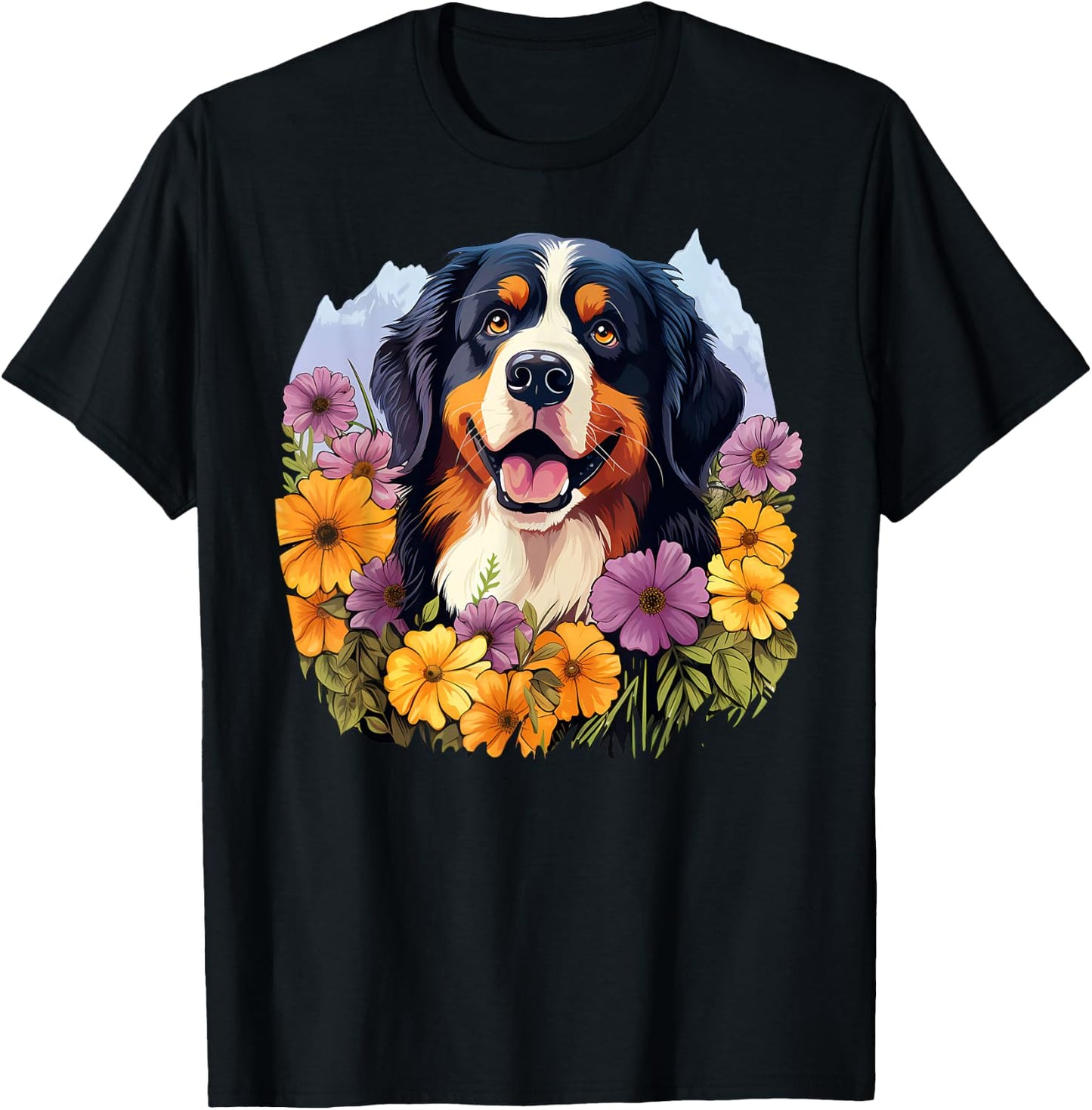 Cute Bernese Mountain Dog in Spring Flower Garden Puppy Men Women Girls Kids T-Shirt - T-Shirt | Black