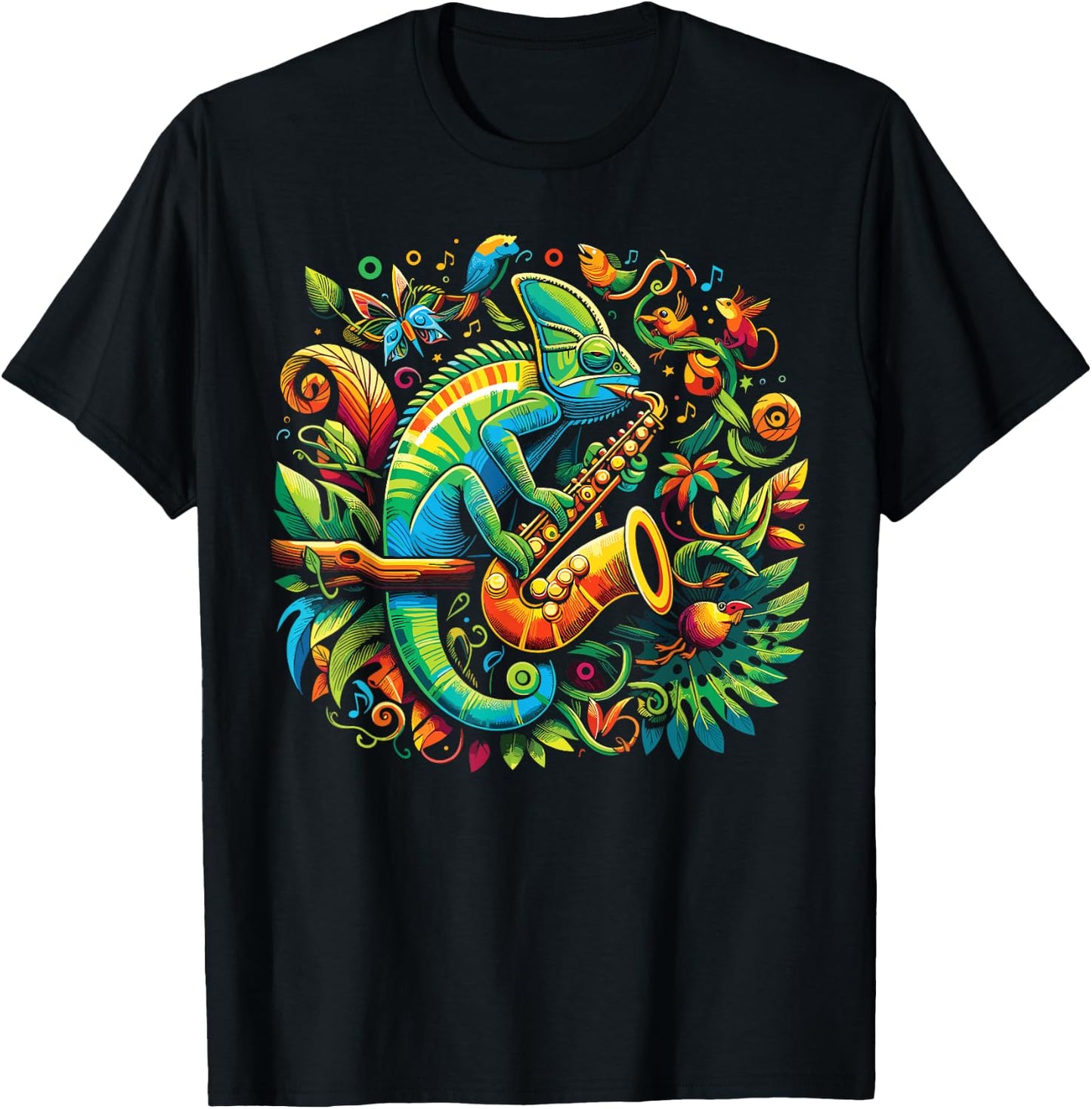 Colorful Chameleon Playing Saxophone | Sax Music Art T-Shirt - T-Shirt | Black