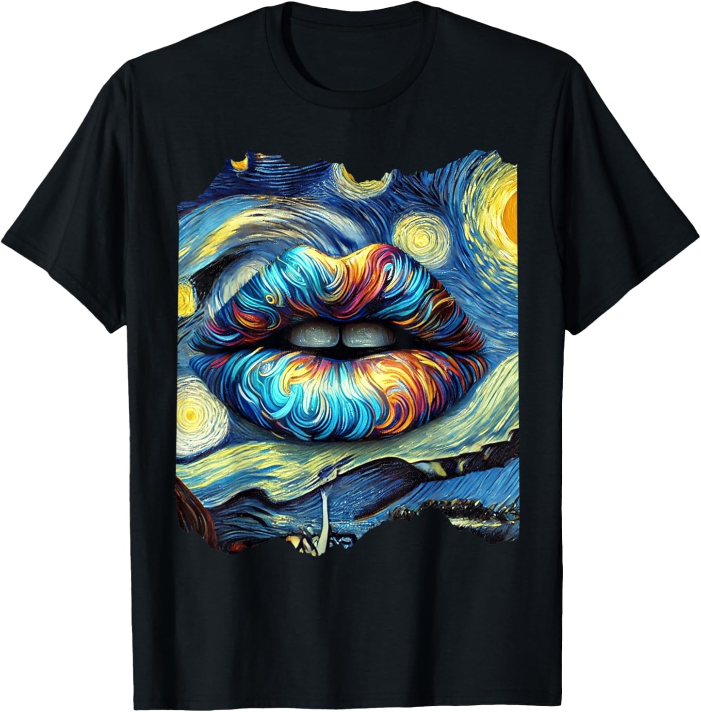 Lips Fashion Van Gogh Art Painting Star Sky Night Lips T-Shirt - T-Shirt | Black