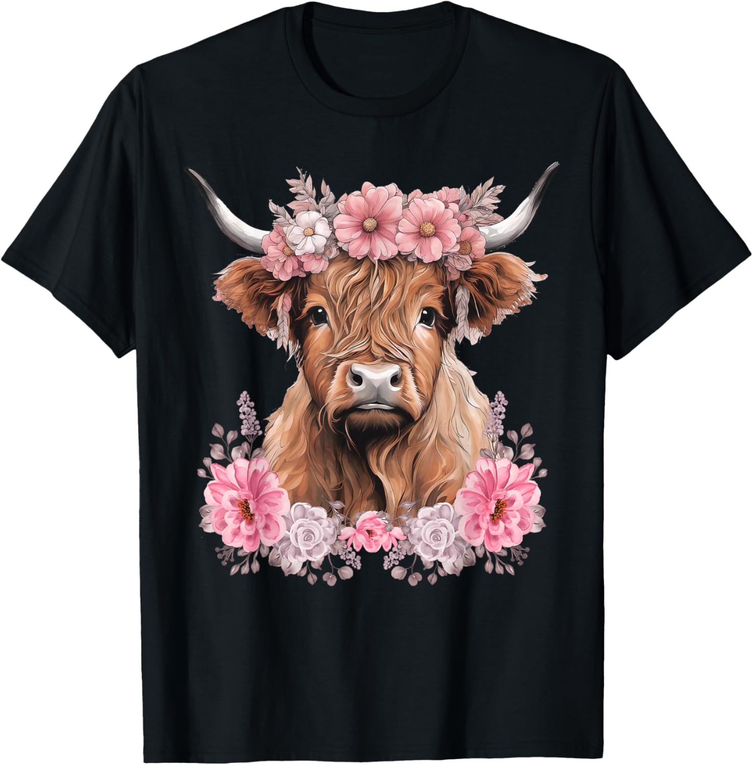 Cute Baby Highland Cow With flowers Calf Animal cow women T-Shirt - T-Shirt | Black