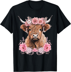 Cute Baby Highland Cow With flowers Calf Animal cow women T-Shirt - T-Shirt | Black