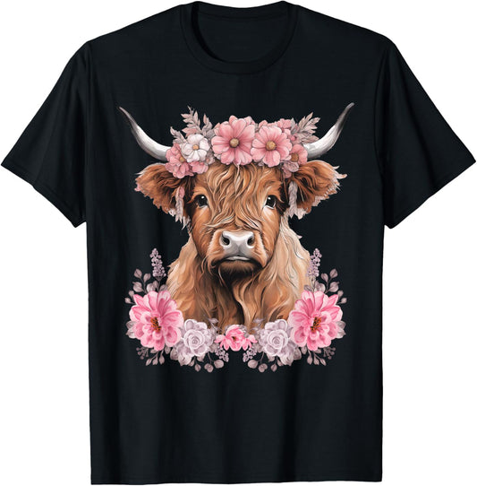 Cute Baby Highland Cow With flowers Calf Animal cow women T-Shirt - T-Shirt | Black