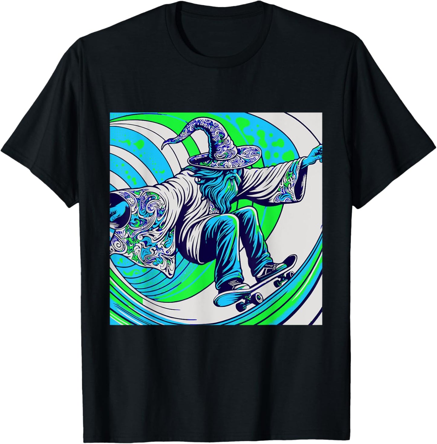 Psychedelic Trippy Rave Colourful Skateboarding Wizard T-Shirt - T-Shirt | Black