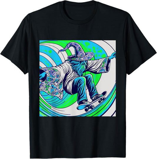 Psychedelic Trippy Rave Colourful Skateboarding Wizard T-Shirt - T-Shirt | Black