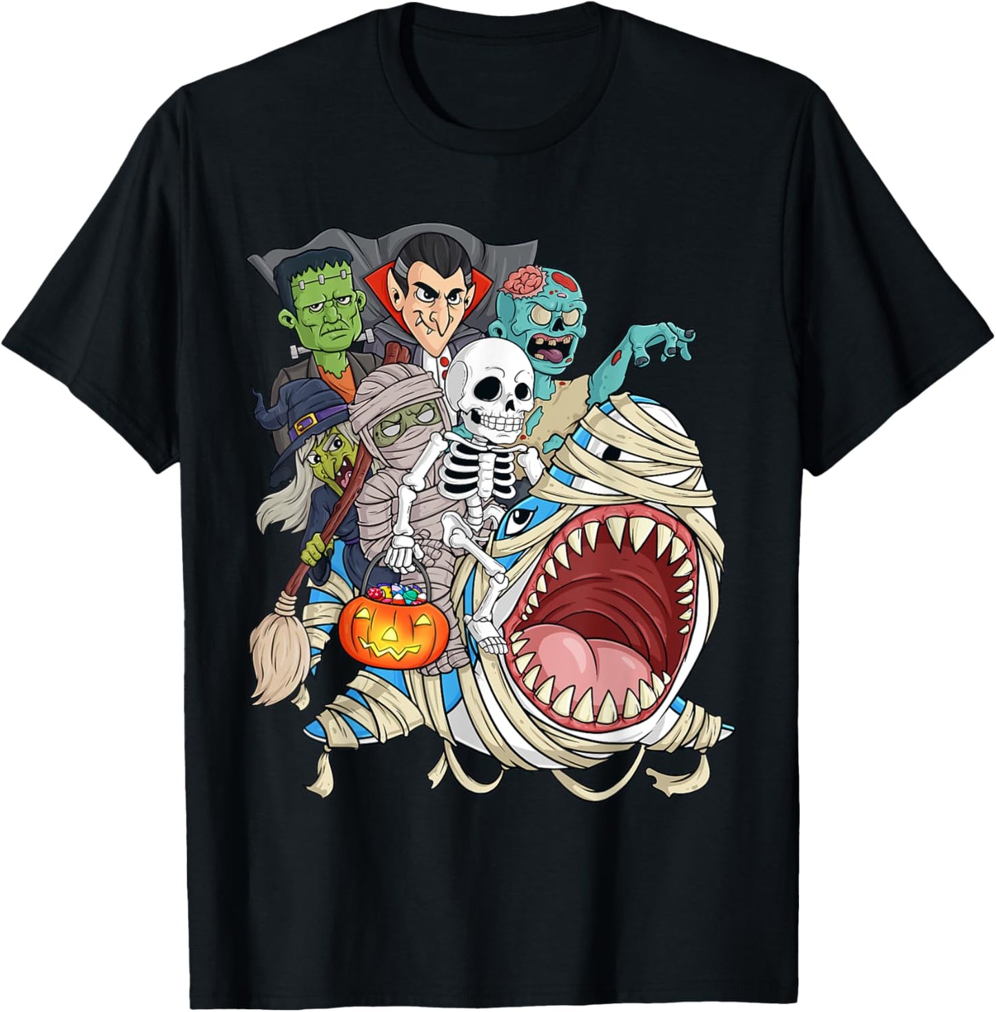 Skeleton Zombie Riding Mummy Shark Vampire Halloween Pumpkin T-Shirt - T-Shirt | Black