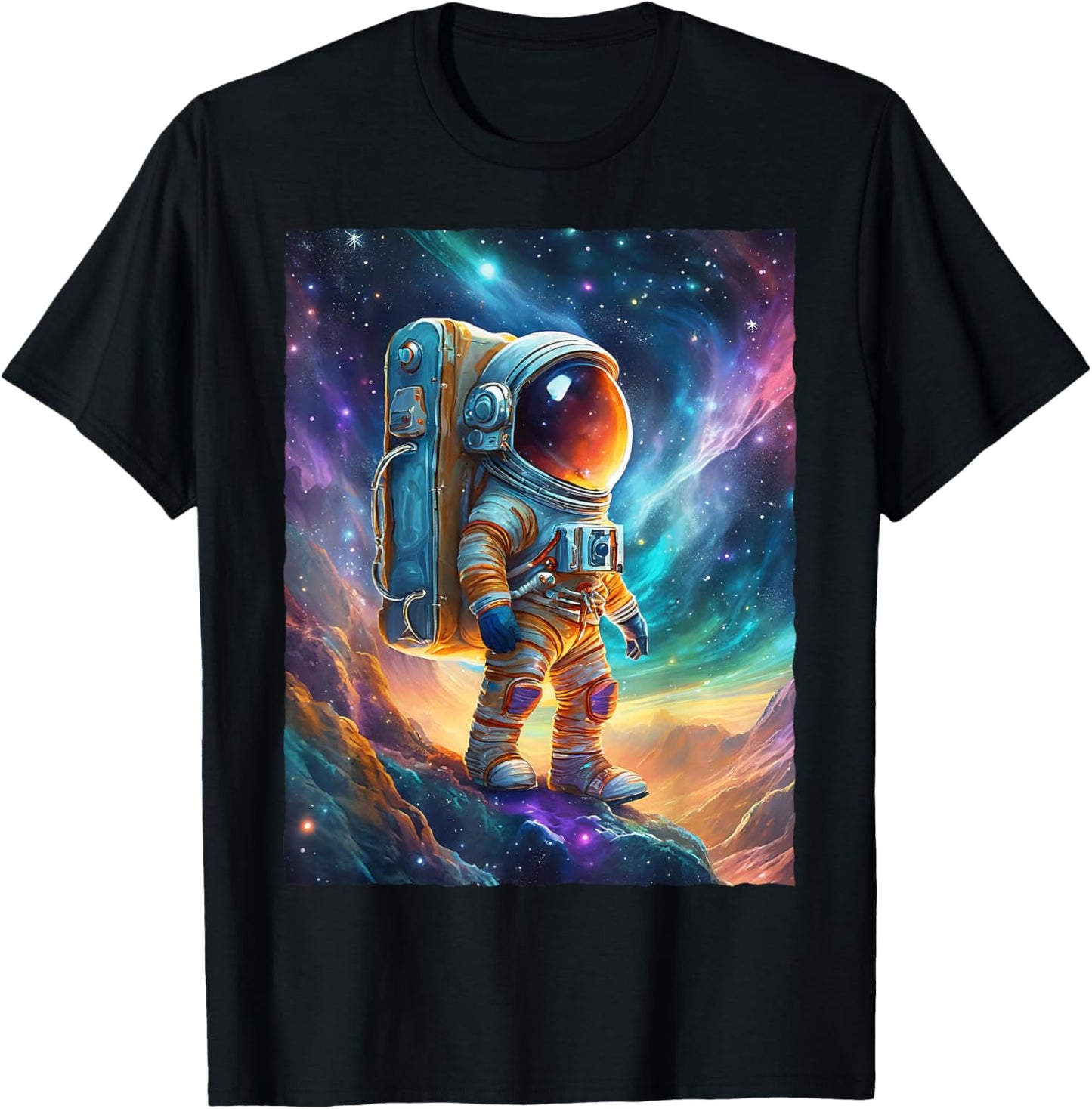 Astronaut Hiking Space Galaxy Nebula Sci-Fi Art T-Shirt - T-Shirt | Black