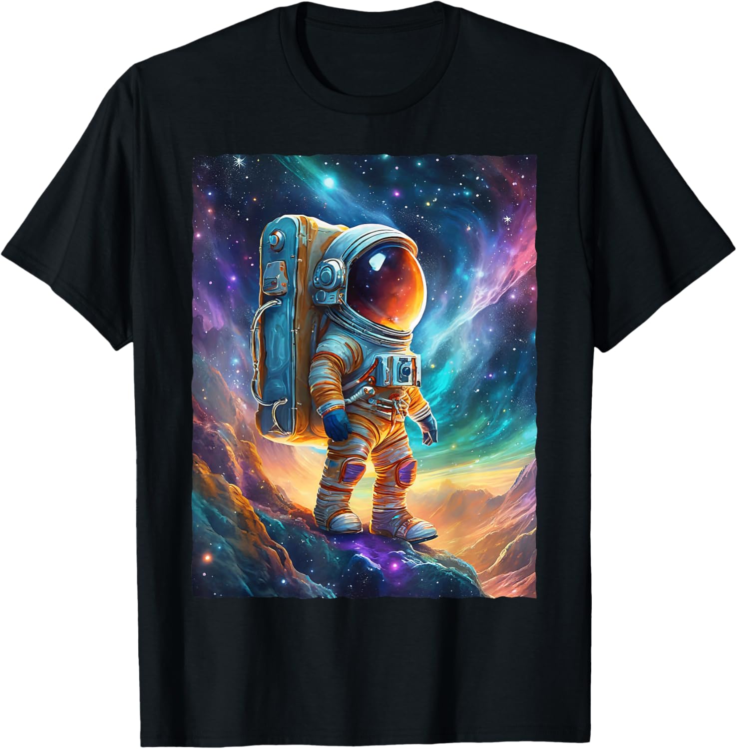 Astronaut Hiking Space Galaxy Nebula Sci-Fi Art T-Shirt - T-Shirt | Black