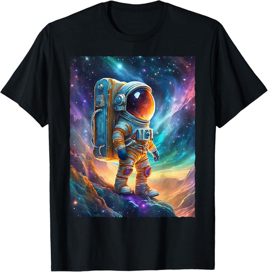 Astronaut Hiking Space Galaxy Nebula Sci-Fi Art T-Shirt - T-Shirt | Black