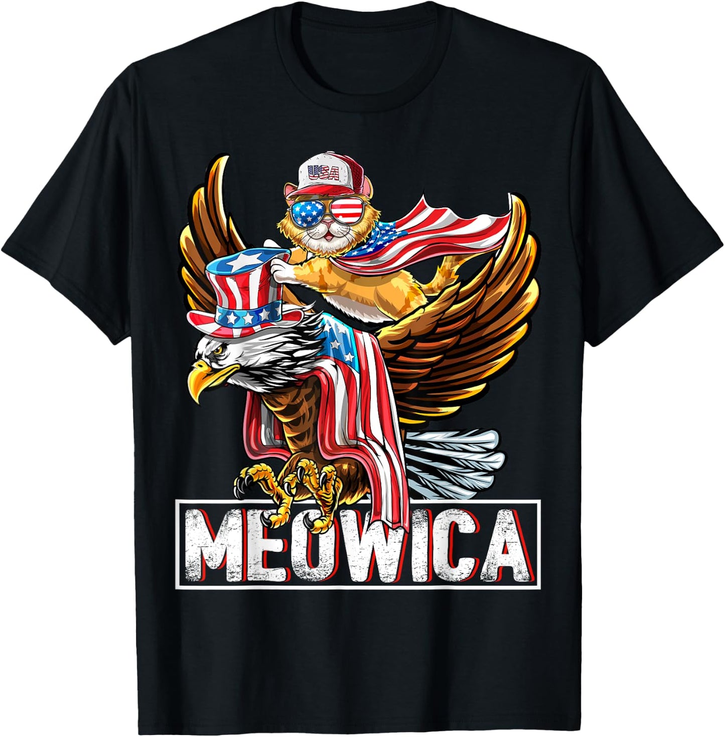 Meowica Cat Bald Eagle 4th of July Patriotic American Flag Women Kids Men T-Shirt - T-Shirt | Black