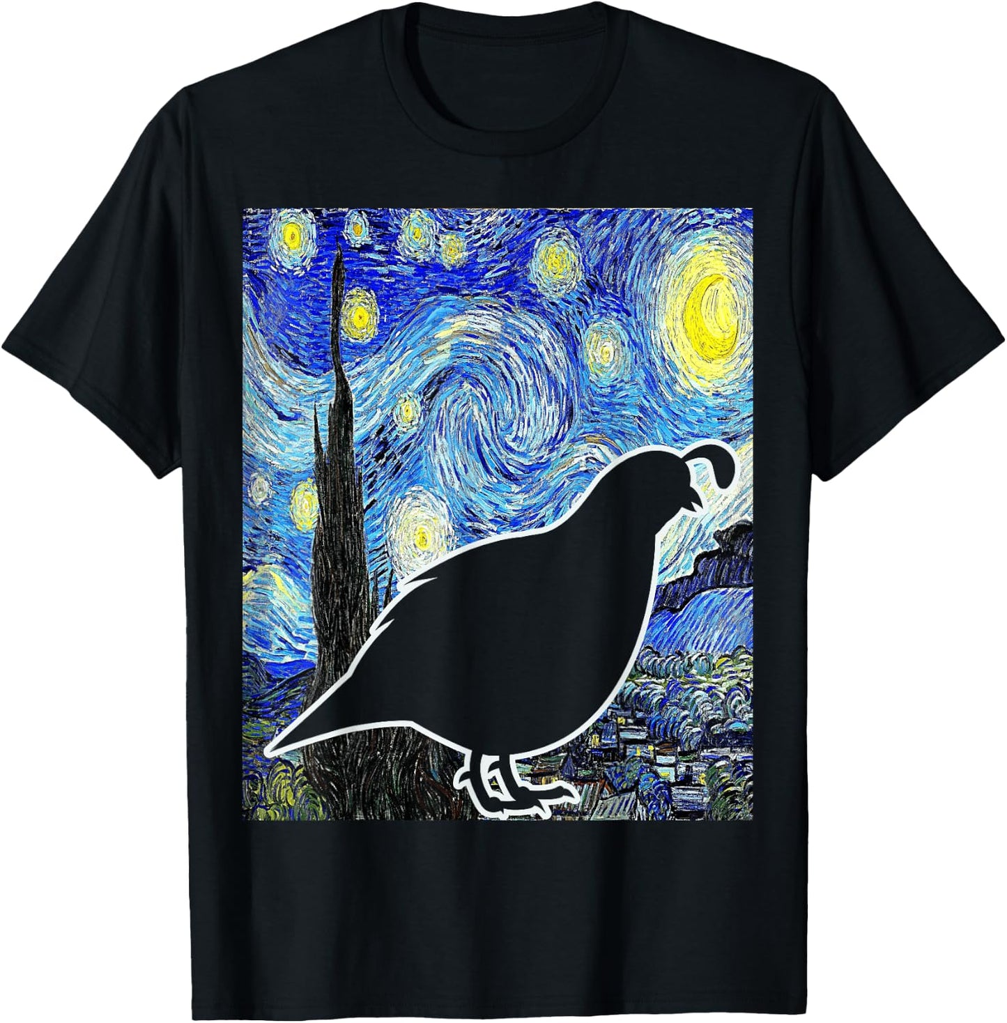Quail Starry Night Quail Van Gogh Birdwatching Ornithology T-Shirt - T-Shirt | Black