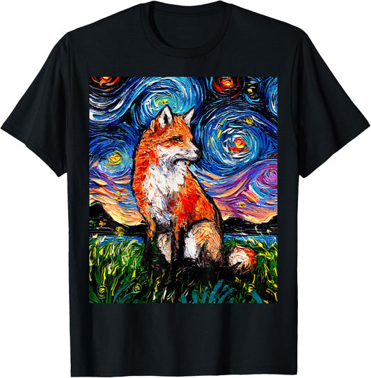 Red Fox Starry Night Animal Art by Aja T-Shirt - T-Shirt | Black