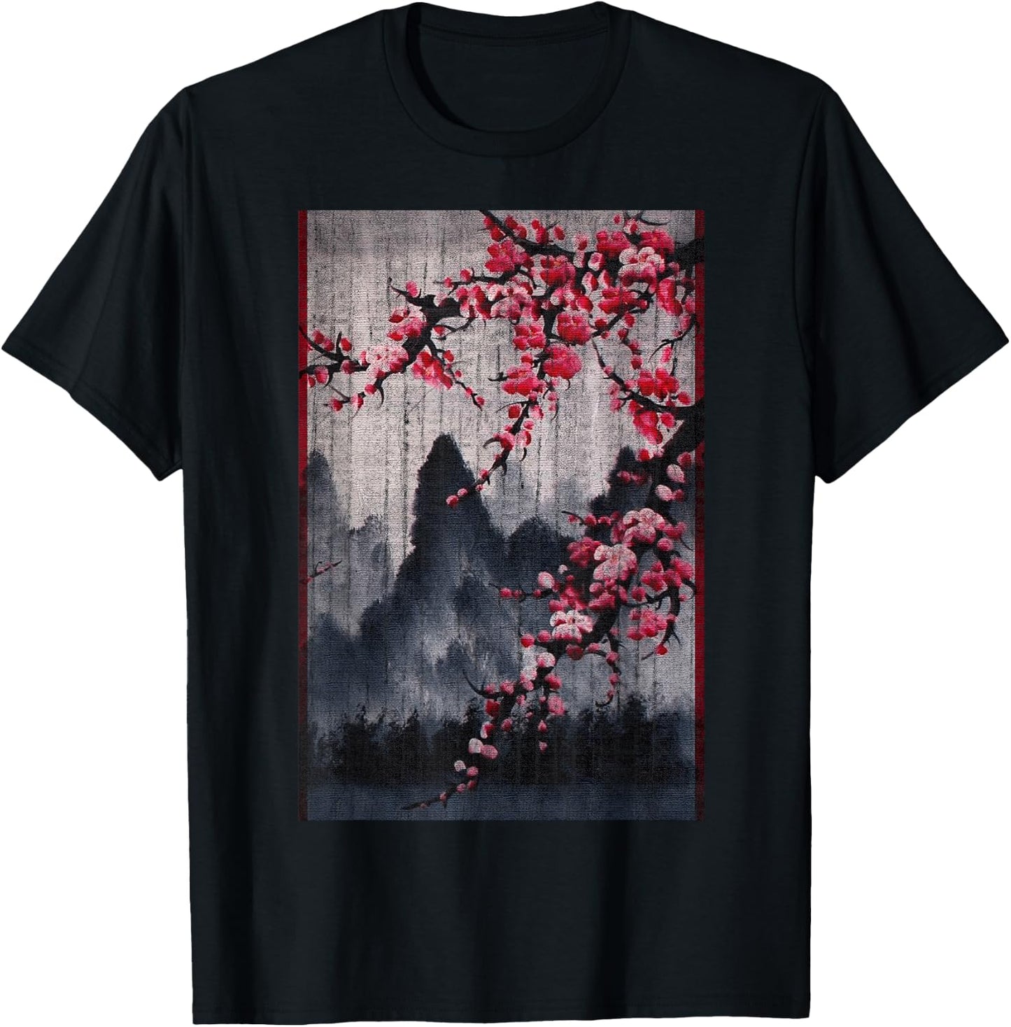 Vintage Cherry Blossom Woodblock Japanese Graphical Art T-Shirt - T-Shirt | Black