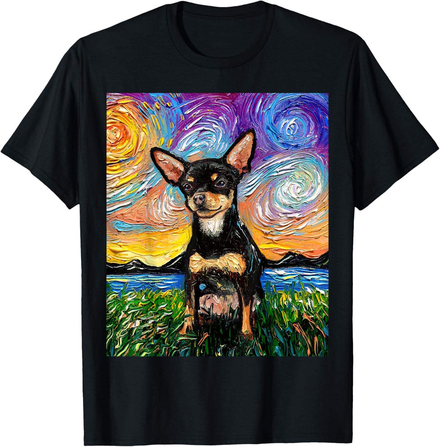 Black and Tan Smooth Chihuahua Starry Night Dog Artwork T-Shirt - T-Shirt | Black