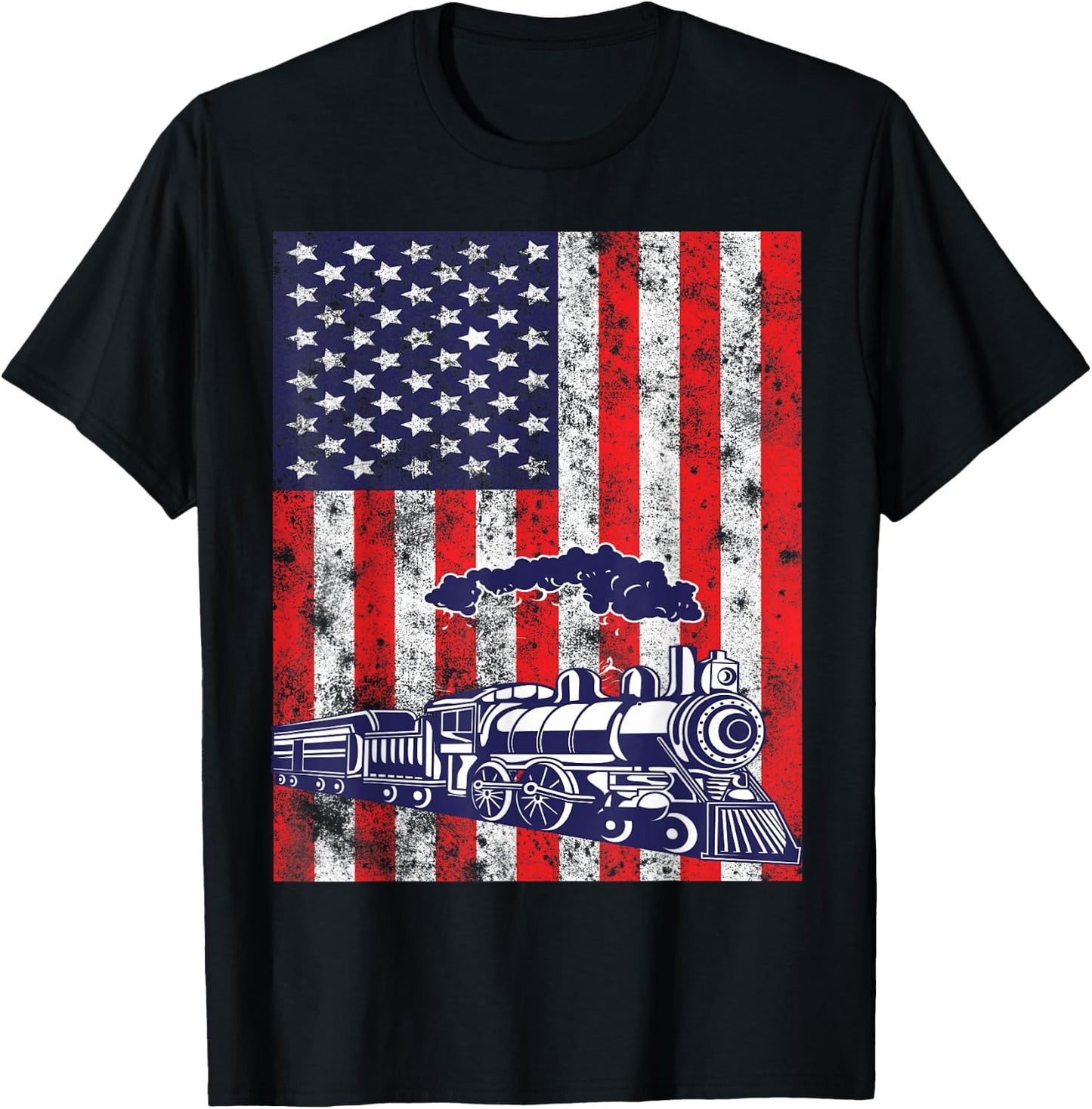 Train Locomotive Engine USA American Flag 4th of July T-Shirt - T-Shirt | Black
