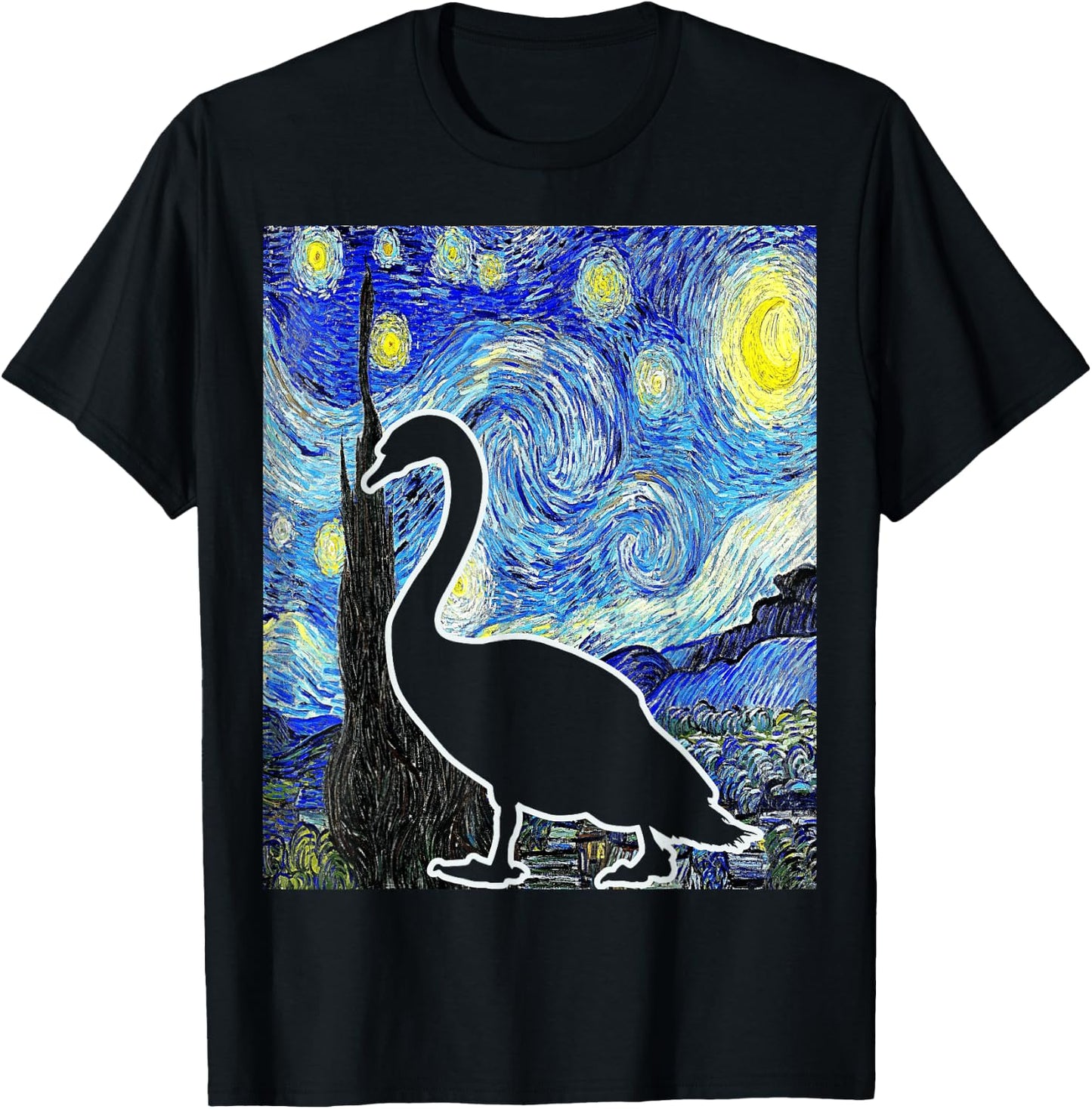 Swan Starry Night Swan Van Gogh Birdwatching Ornithology T-Shirt - T-Shirt | Black