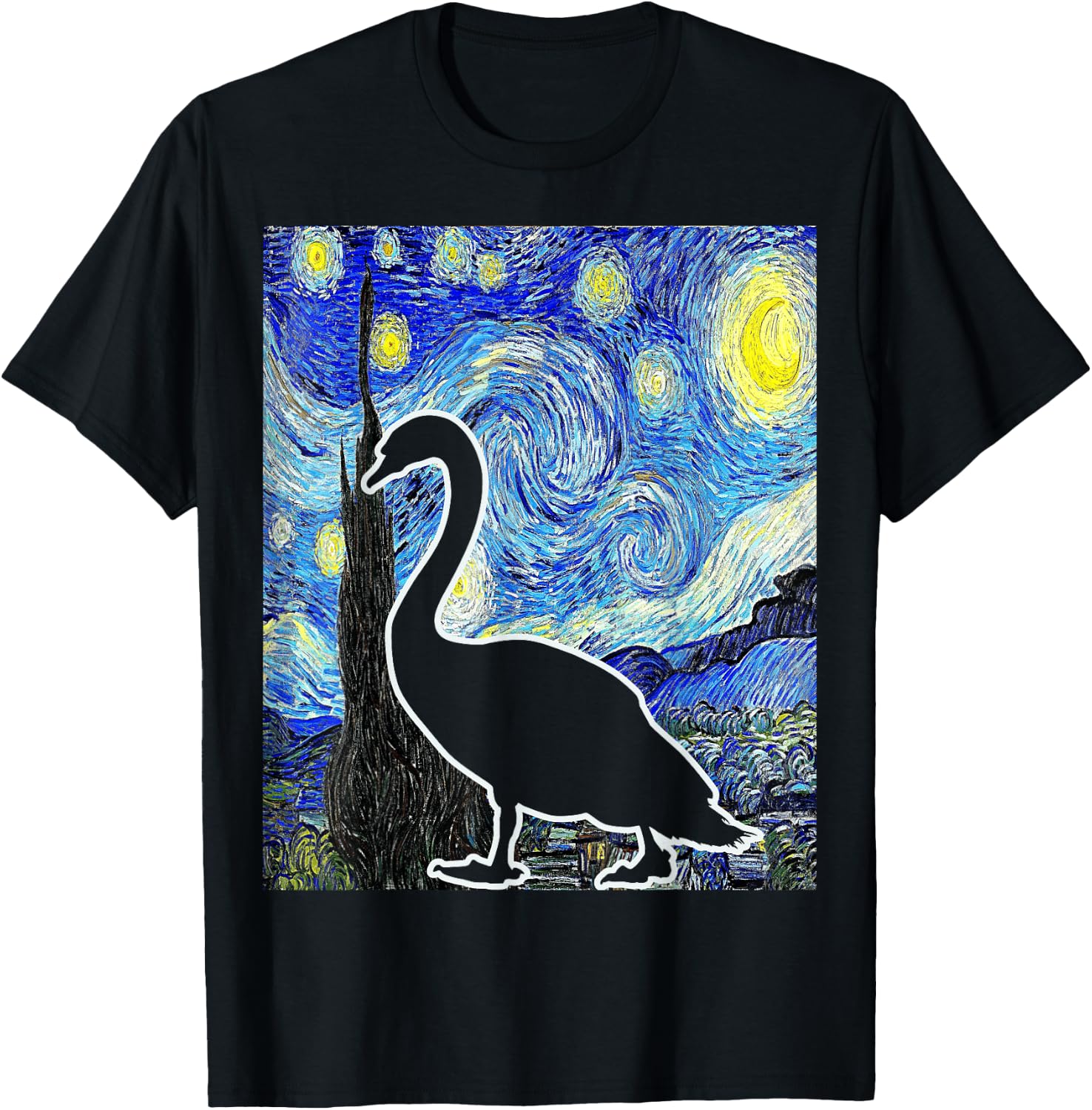 Swan Starry Night Swan Van Gogh Birdwatching Ornithology T-Shirt - T-Shirt | Black