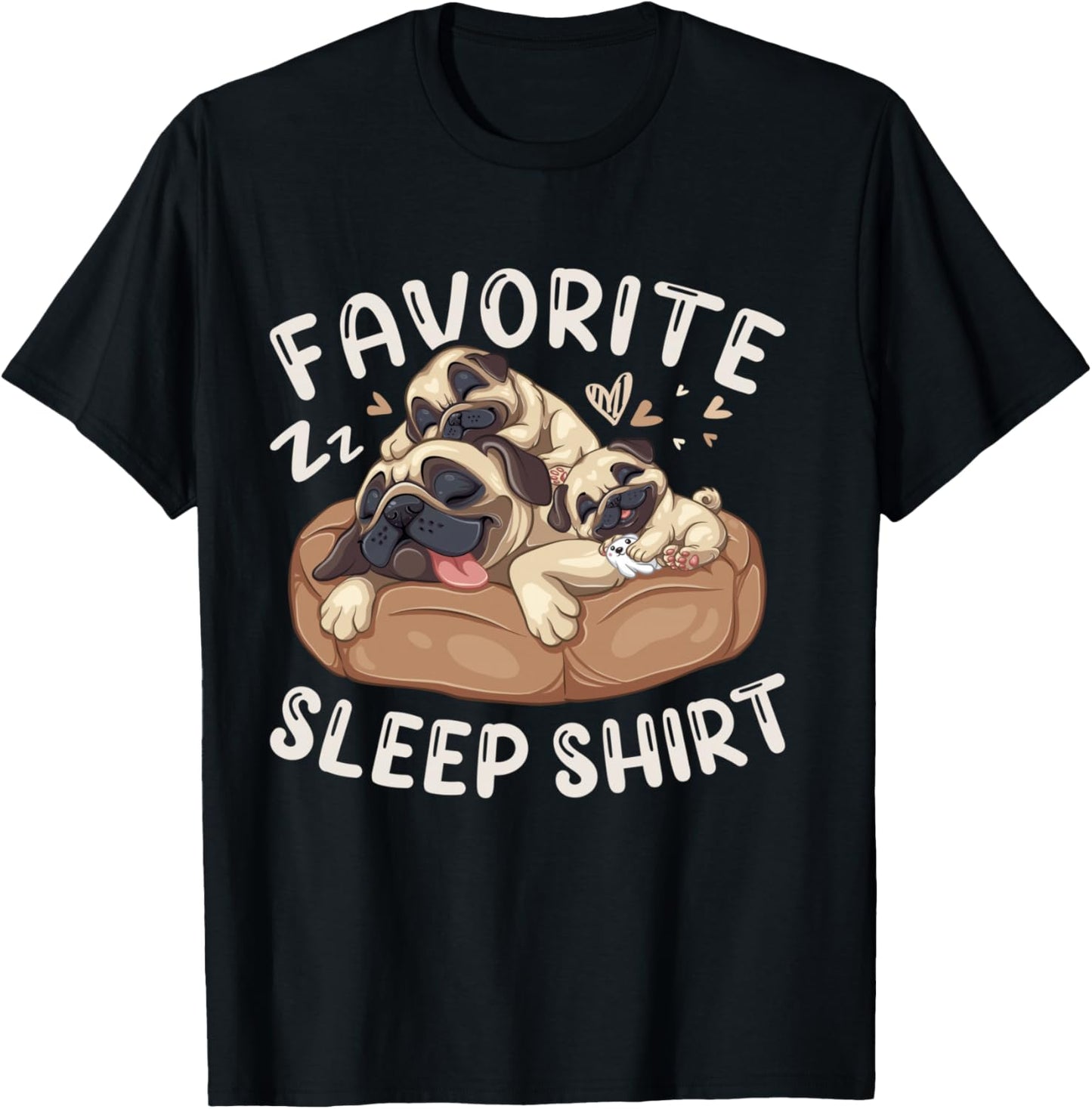 Favorite Sleep Shirt, Pug Dog with 2 Puppies T-Shirt - T-Shirt | Black
