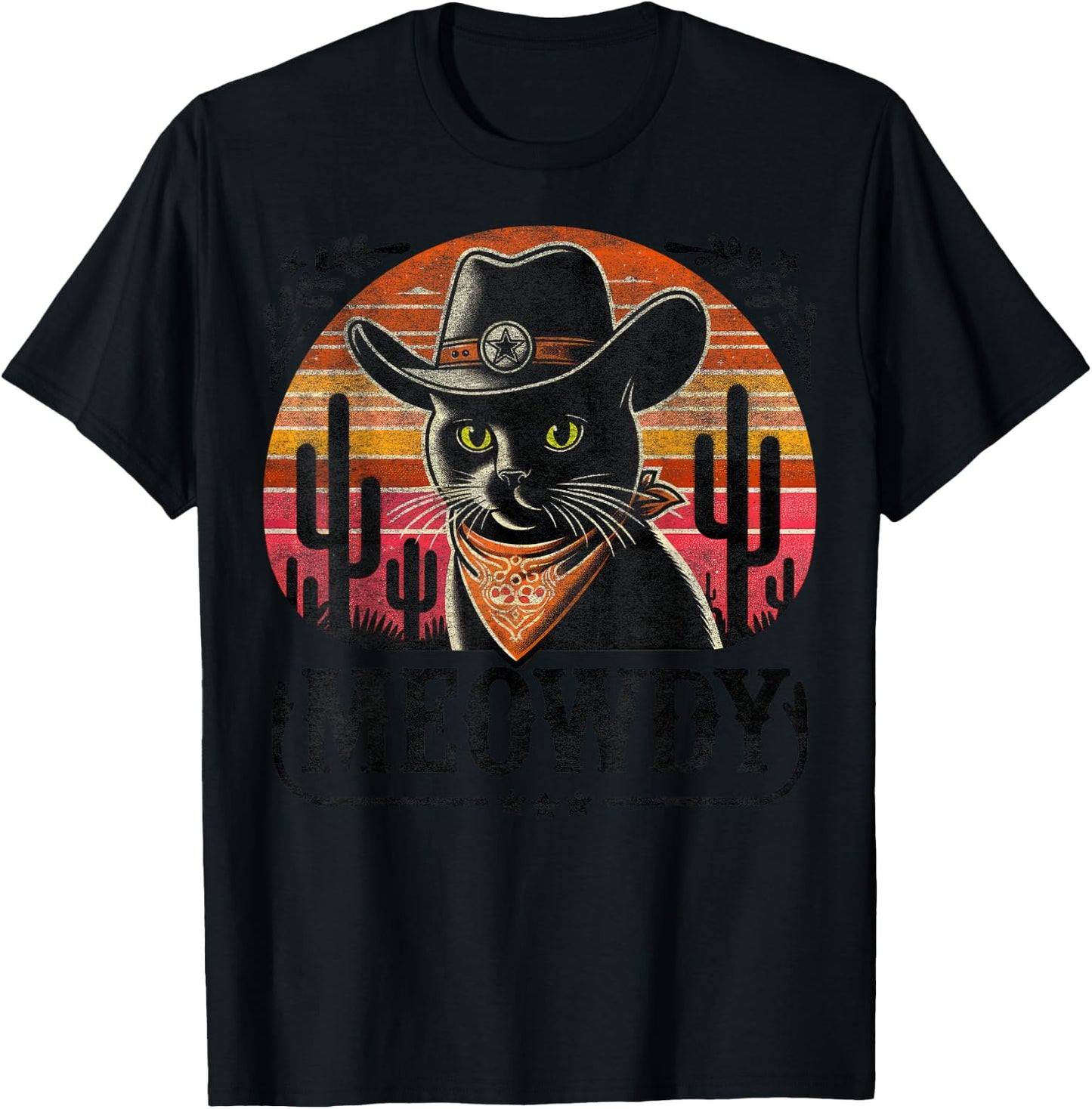 Meowdy Black Cat Retro Sunset – Howdy Funny Country Western T-Shirt - T-Shirt | Black
